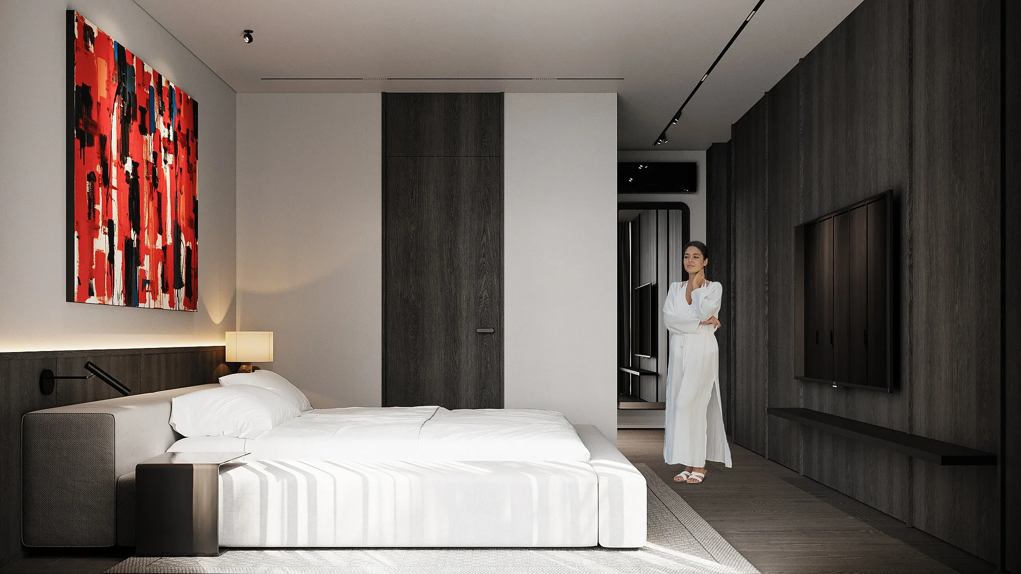 Bedroom with dressing area in a Jalan Tegal Cupec villa in Bali: built-in wardrobes and a dark panel with a screen — SAD studio