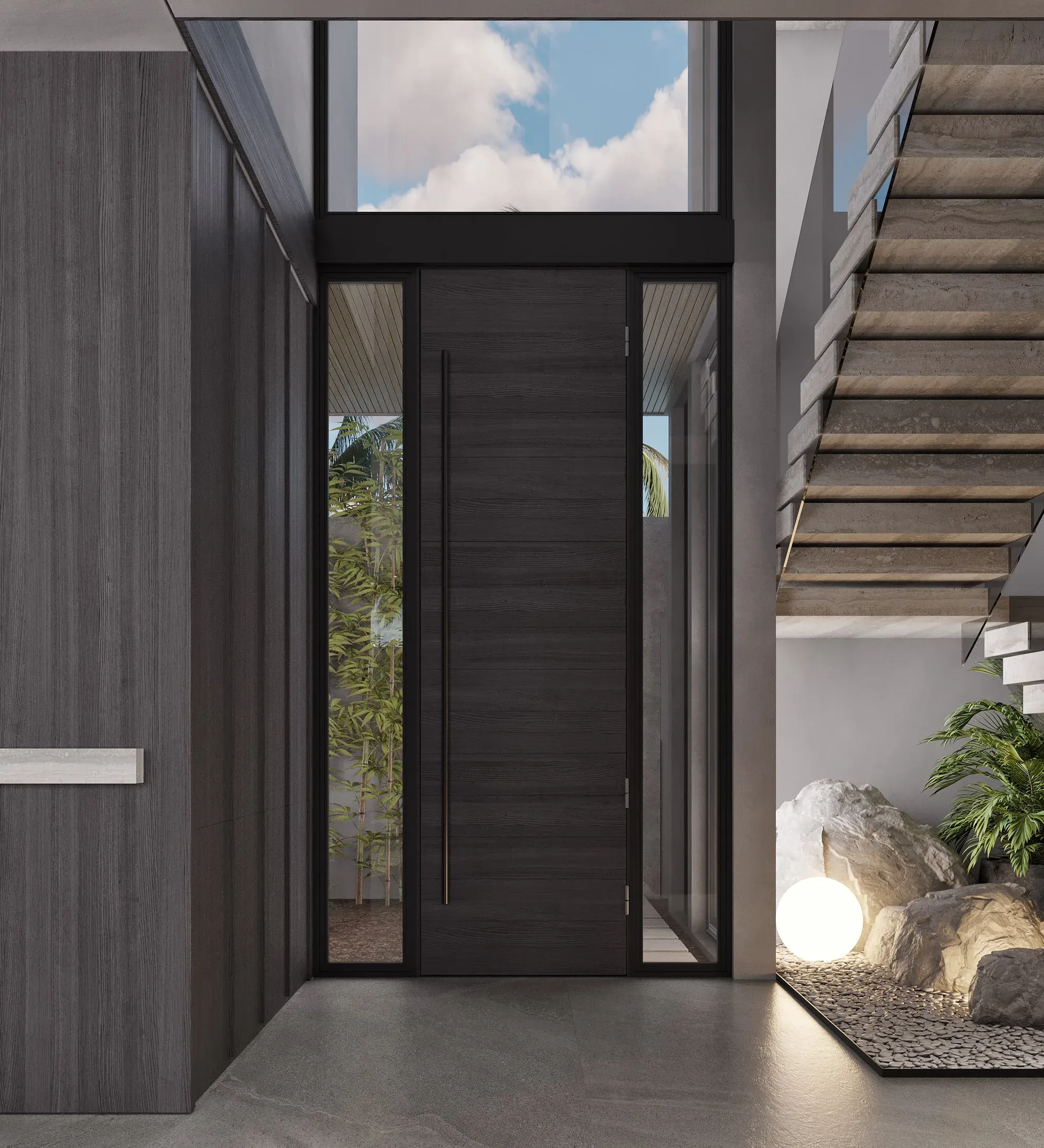 Entrance area of a Jalan Tegal Cupec villa in Bali: the stair, stone finishes and a rooflight — SAD studio