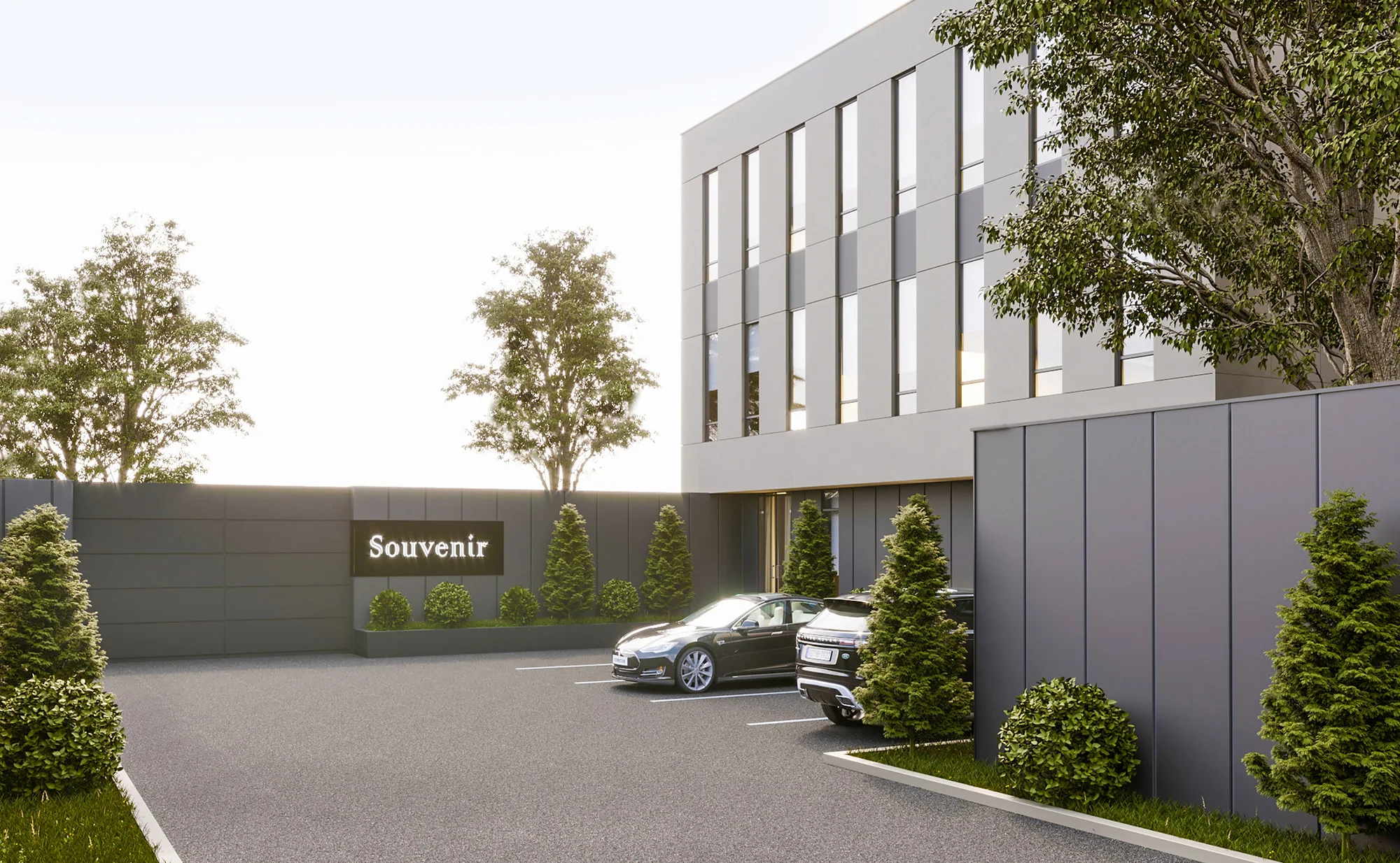 Entrance to the Souvenir jewellery factory in Tashkent: the perimeter wall with the company name, parking and trees — SAD studio