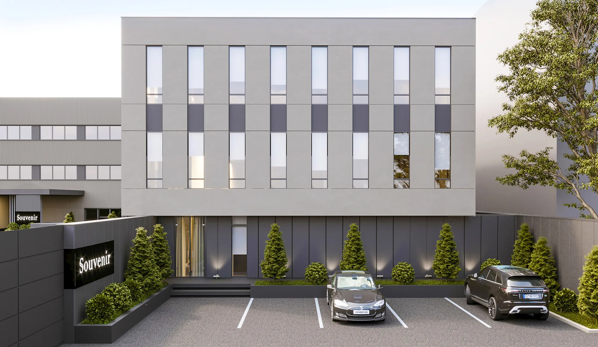 Administrative building of the Souvenir jewellery factory in Tashkent: the facade with vertical windows and parking at the entrance — SAD studio
