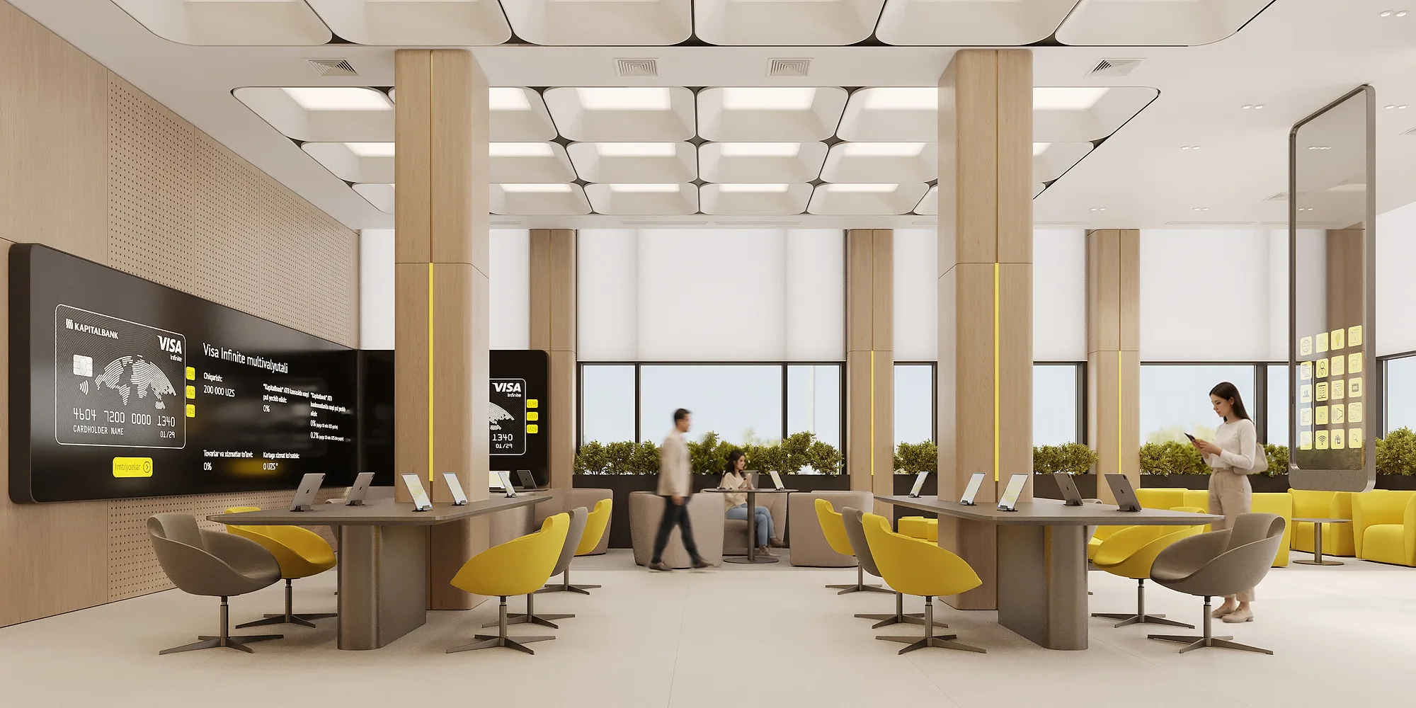 The open branch hall with meeting tables and waiting area