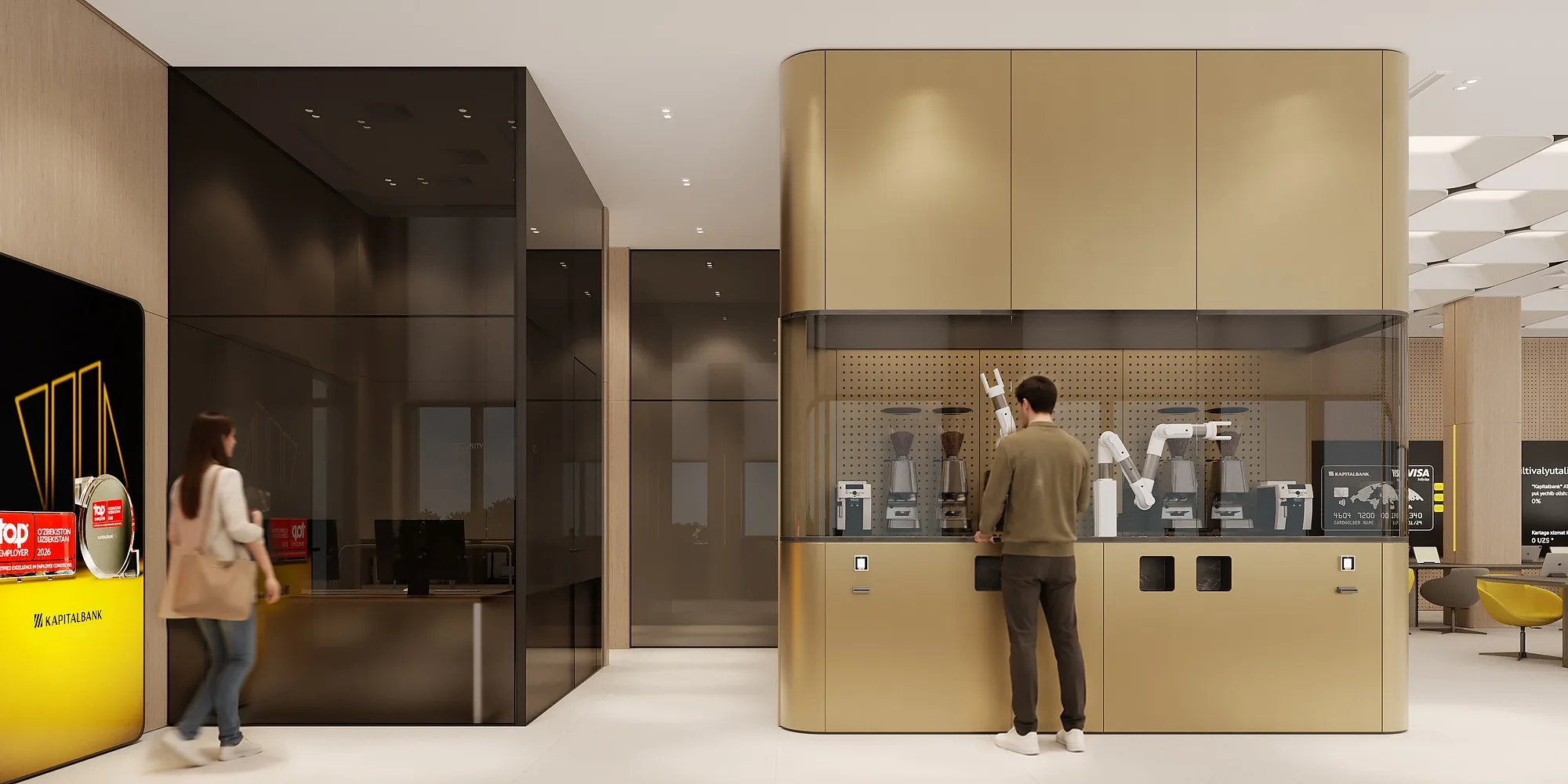 The robotic coffee station in the waiting area of the Kapitalbank Digital branch