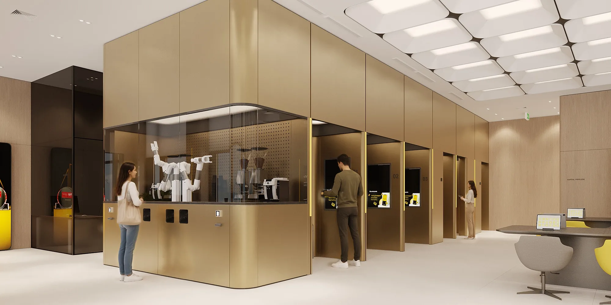 A wide view of the Kapitalbank Digital coffee point with the line of ATM booths behind it