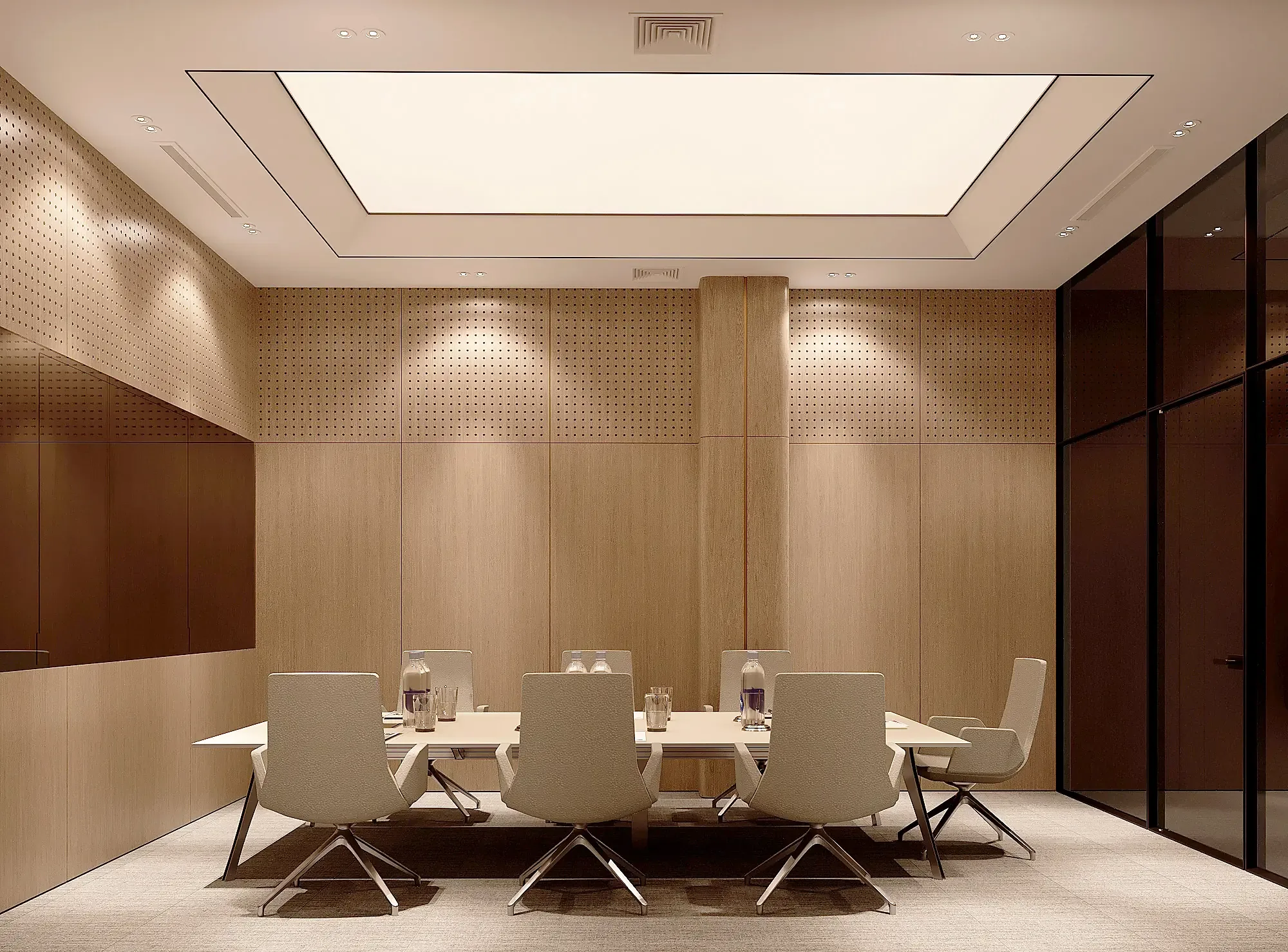 The meeting room of the Kapitalbank digital office: timber panelling and a luminous ceiling