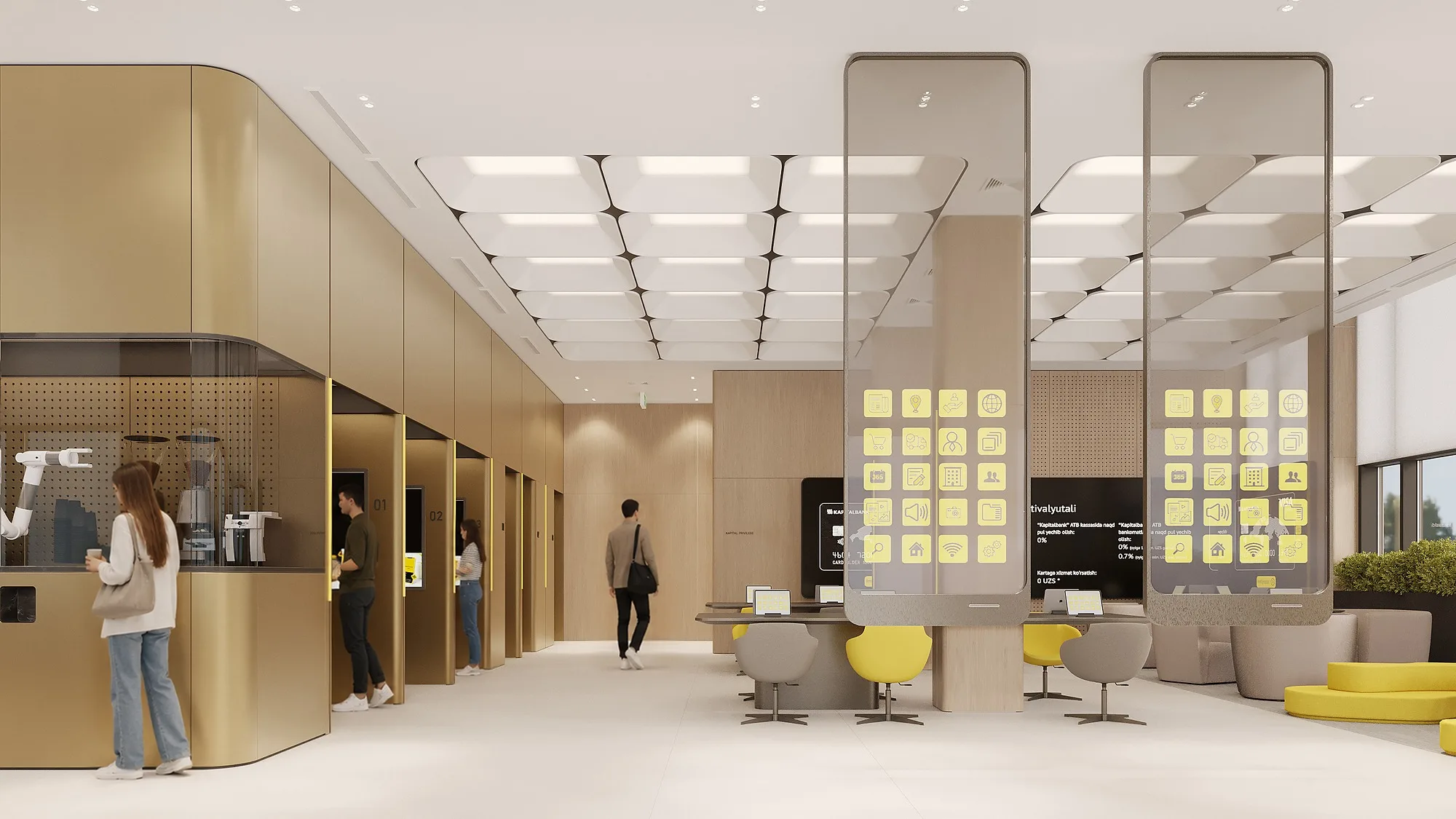 Customer hall with interactive panels and yellow armchairs at the Kapitalbank digital office — interior by SAD