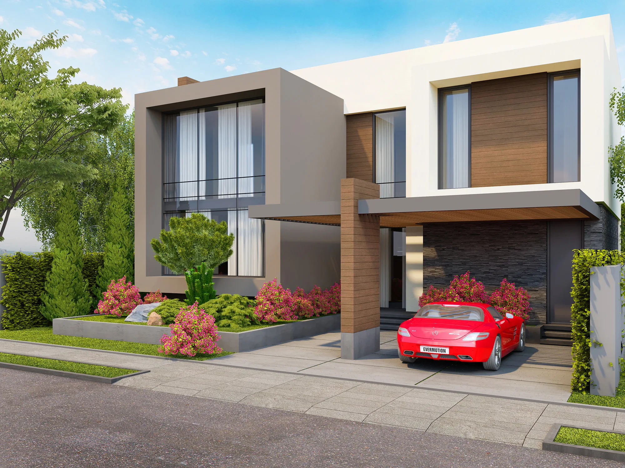 Rendering of House 1 from the street: the driveway to the carport