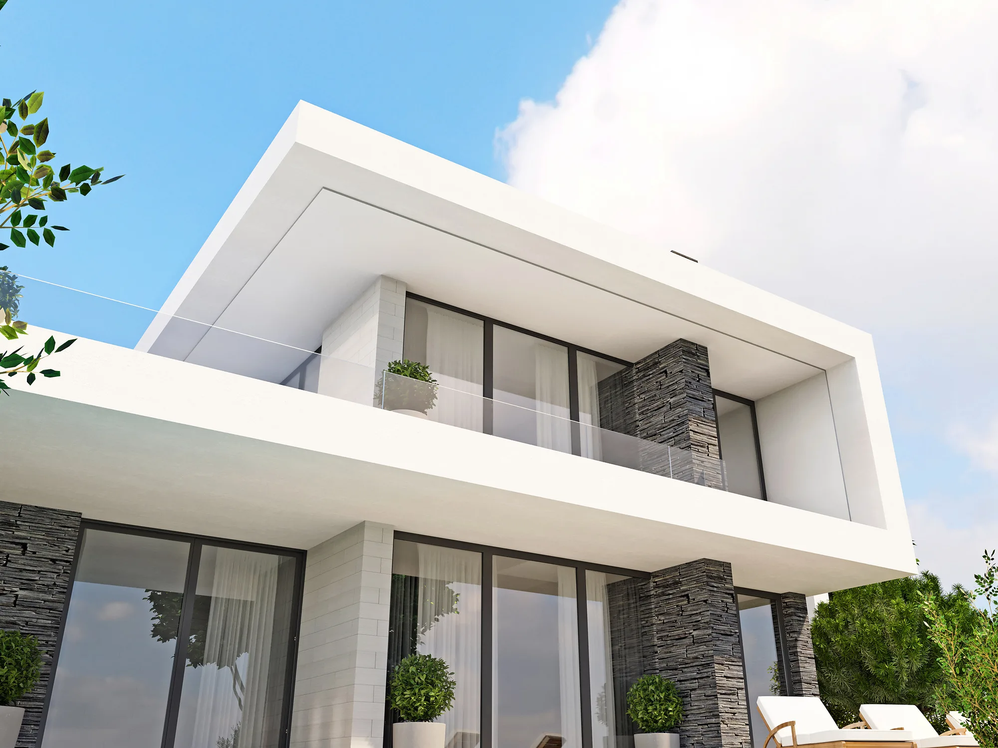 Rendering of House 2 in the Kensai eco-village: a two-storey volume with a cantilevered roof and terrace — SAD studio