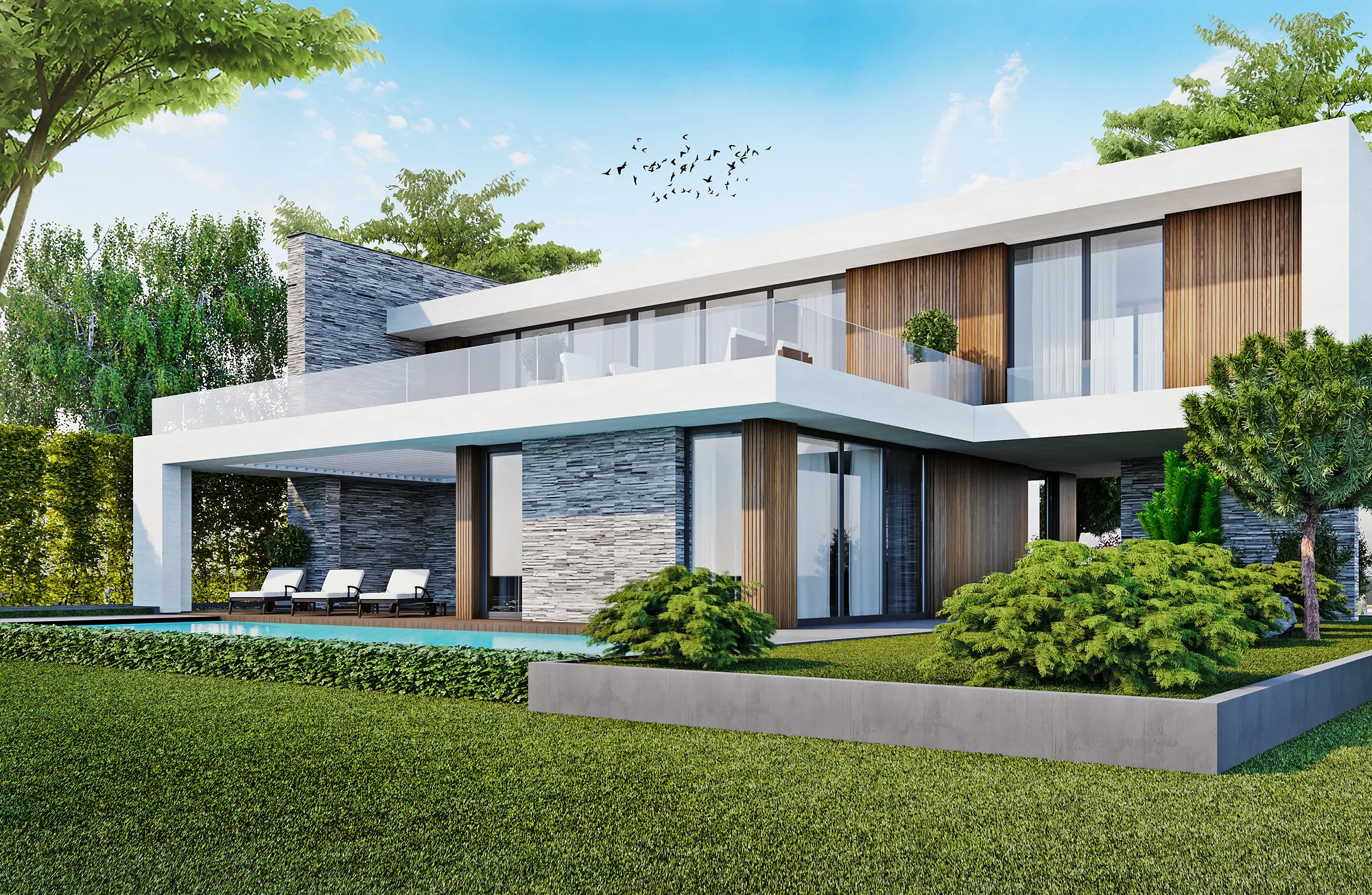 Rendering of House 4 from the garden: the pool along the terrace