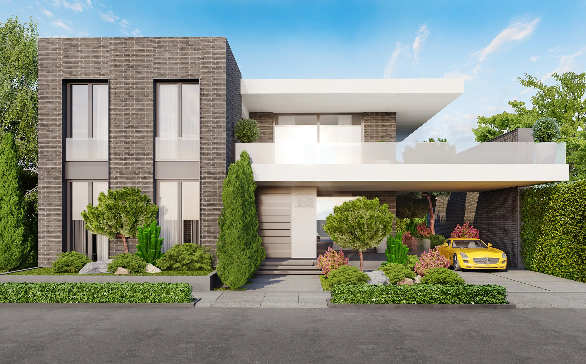 Rendering of House 5 from the street: the brick volume and the entrance