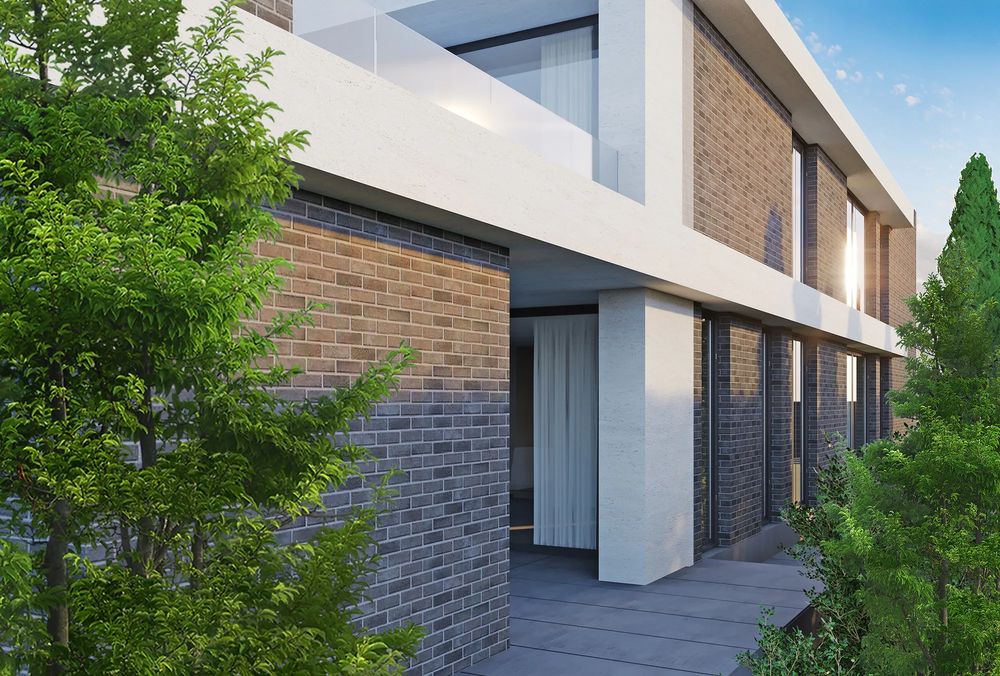 Rendering of a House 5 facade fragment: brick and white render