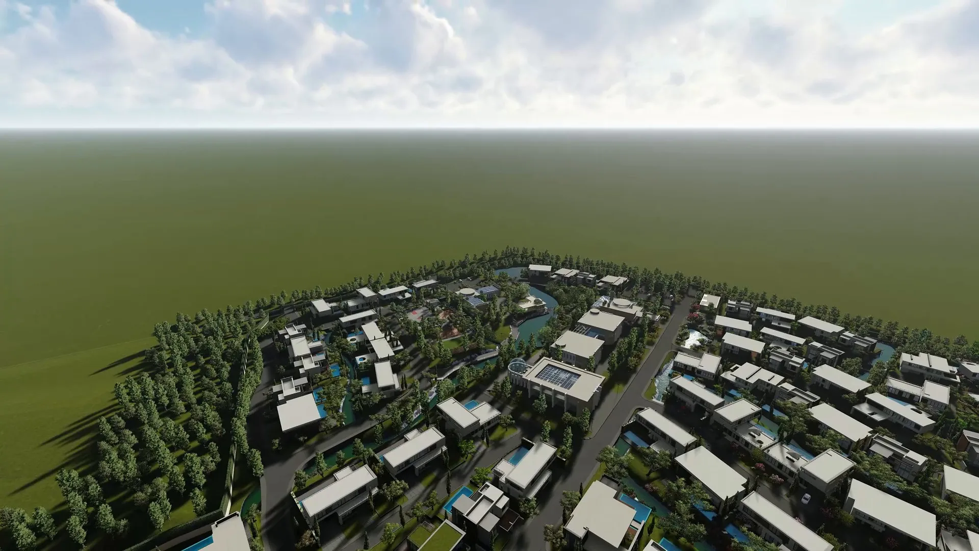 Aerial rendering of the Kensai eco-village: the whole settlement with houses, streets and greenery — SAD studio
