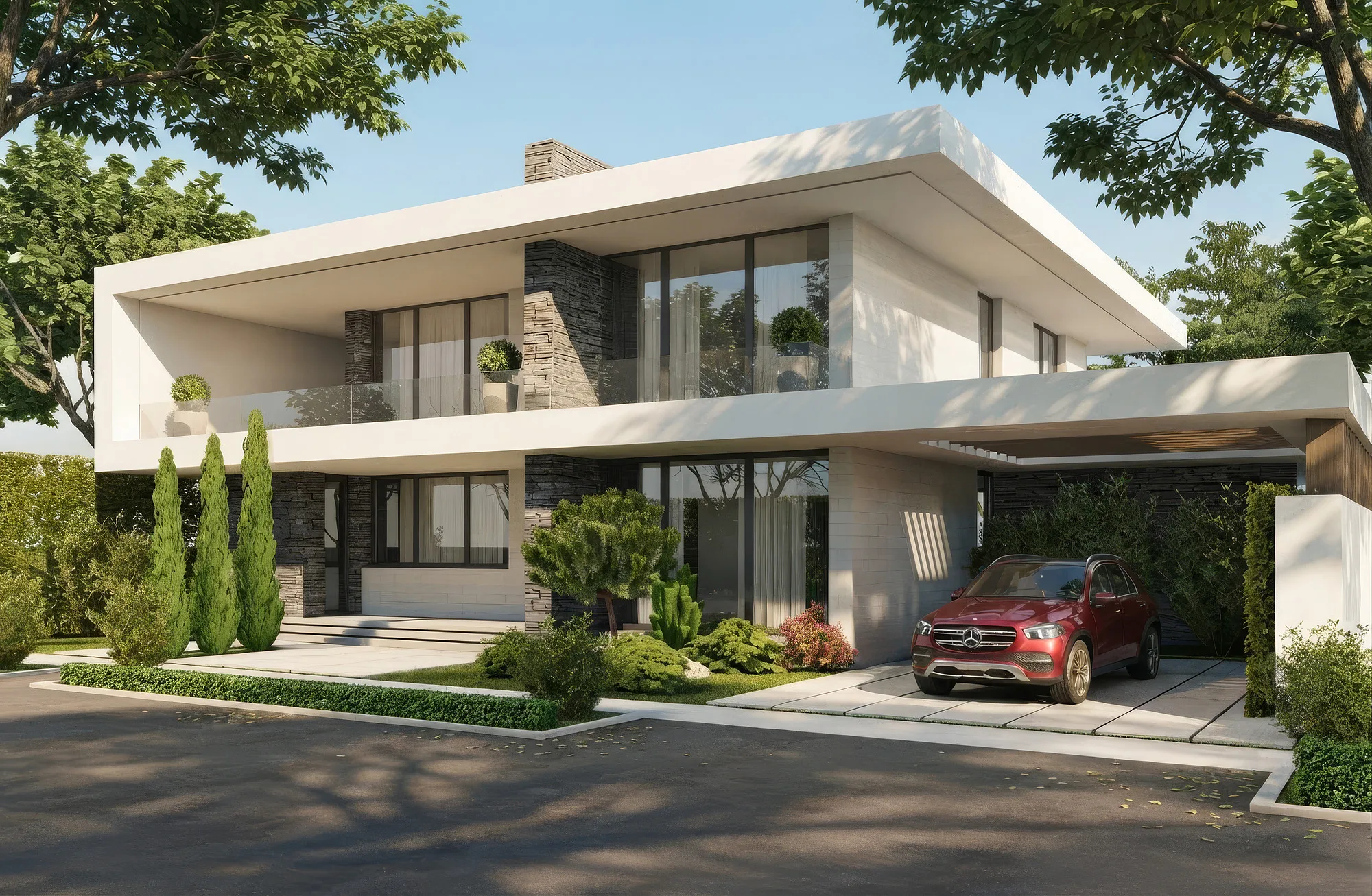 Rendering of House 2 from the street: the carport under the upper-floor cantilever