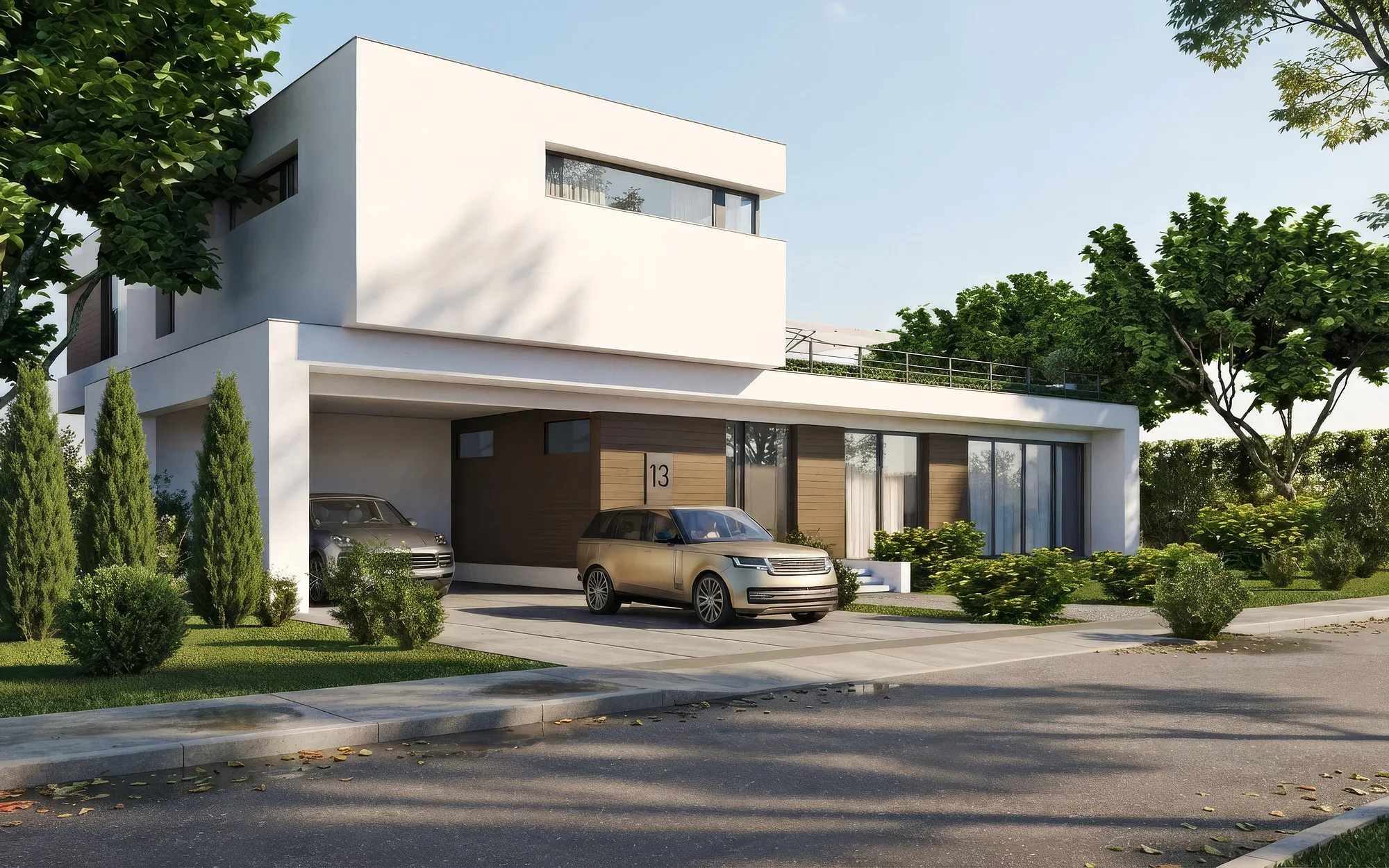 Rendering of House 3 from the driveway: a carport beneath the upper floor