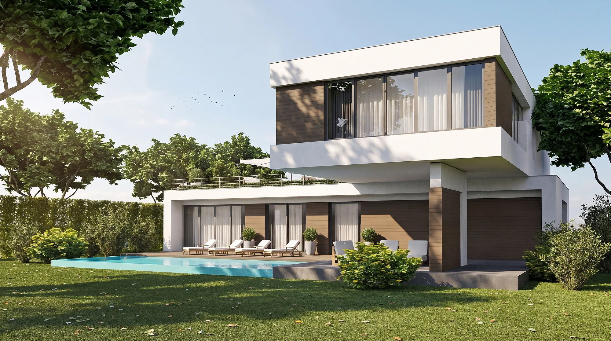 Rendering of House 3 from the garden: the pool along the terrace