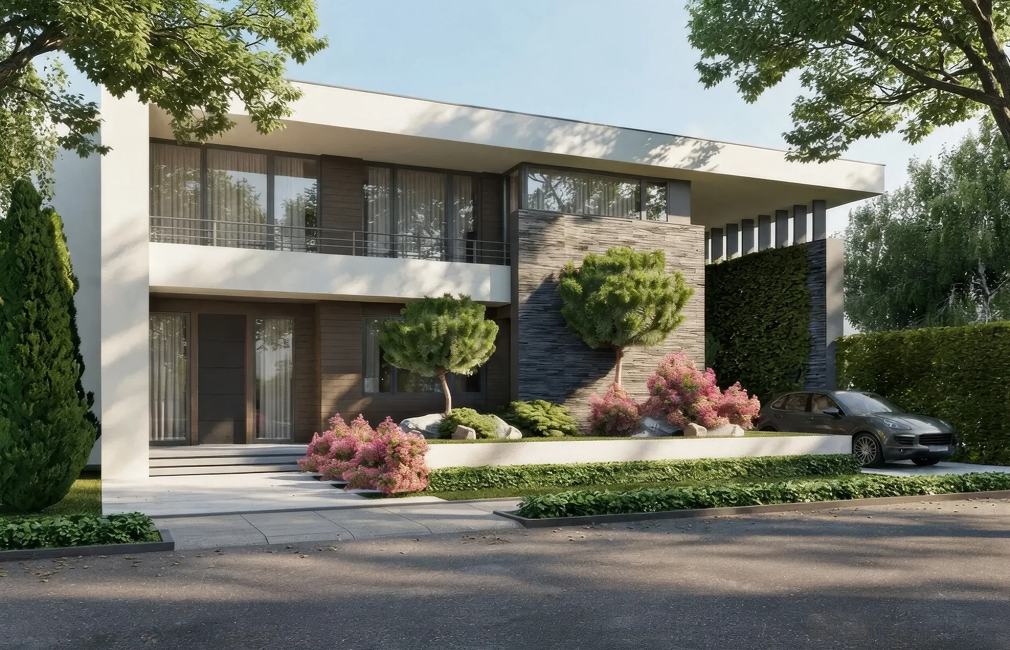 Rendering of House 6 from the street: stone and timber cladding