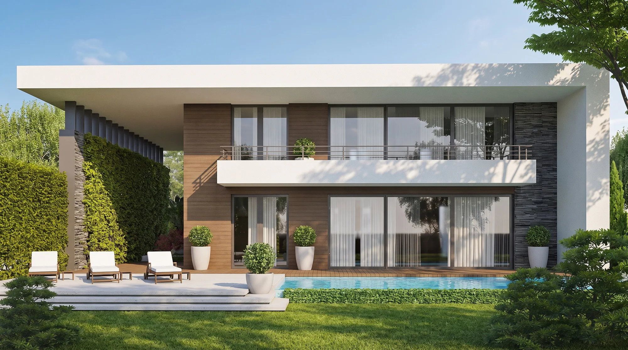 Rendering of House 6 from the garden: a terrace with loungers and the pool