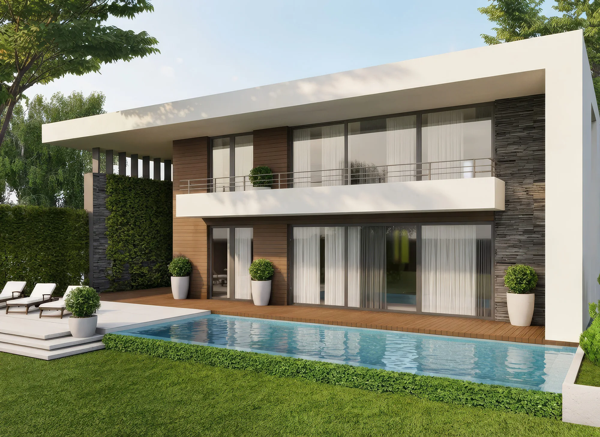 Rendering of the House 6 garden: the pool and loungers