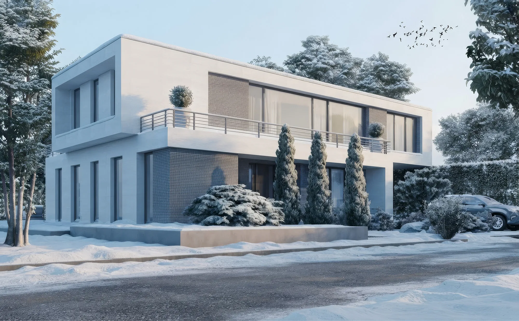 Winter rendering of House 7 from the corner of the plot: thujas and shrubs under snow