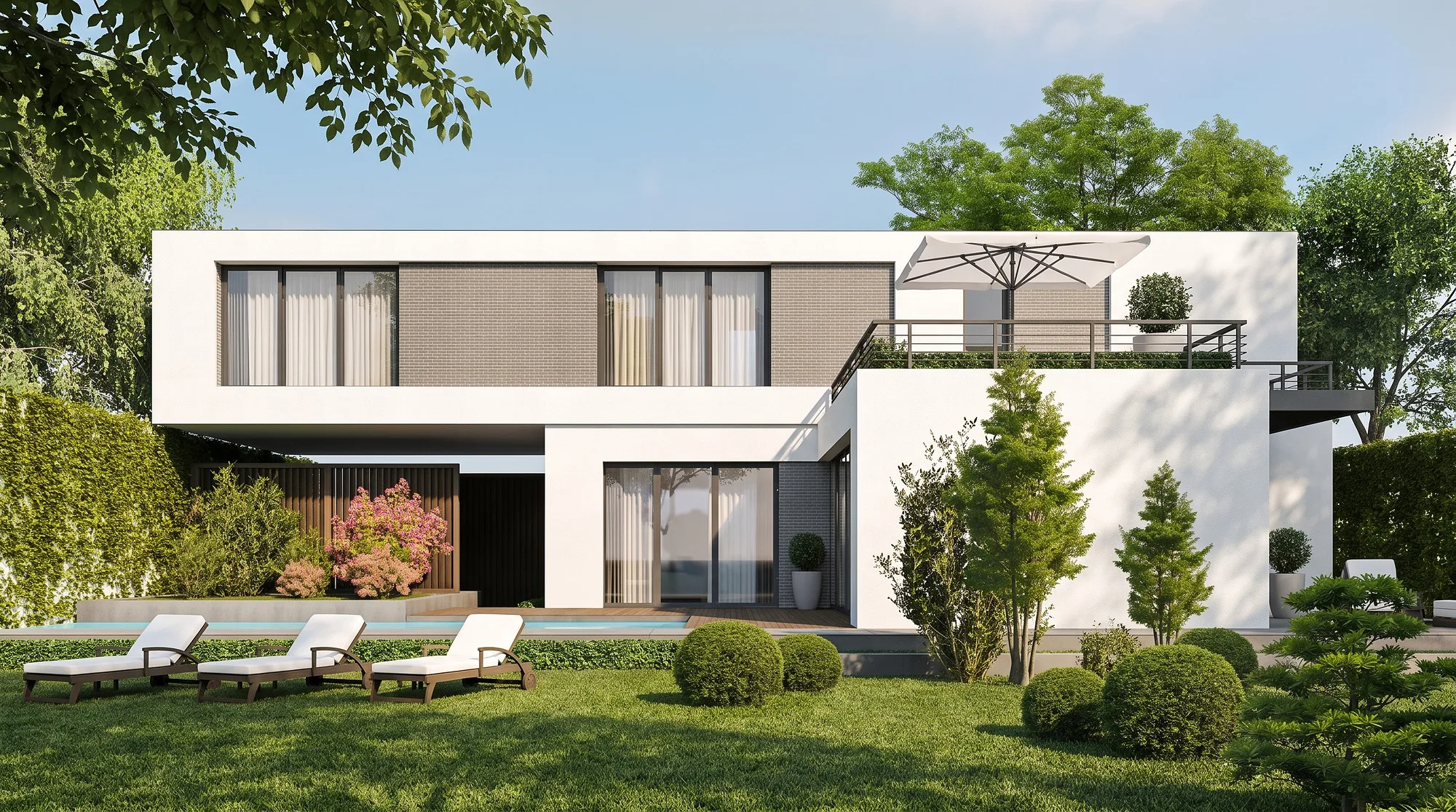 Rendering of House 7 from the garden: the lawn and loungers