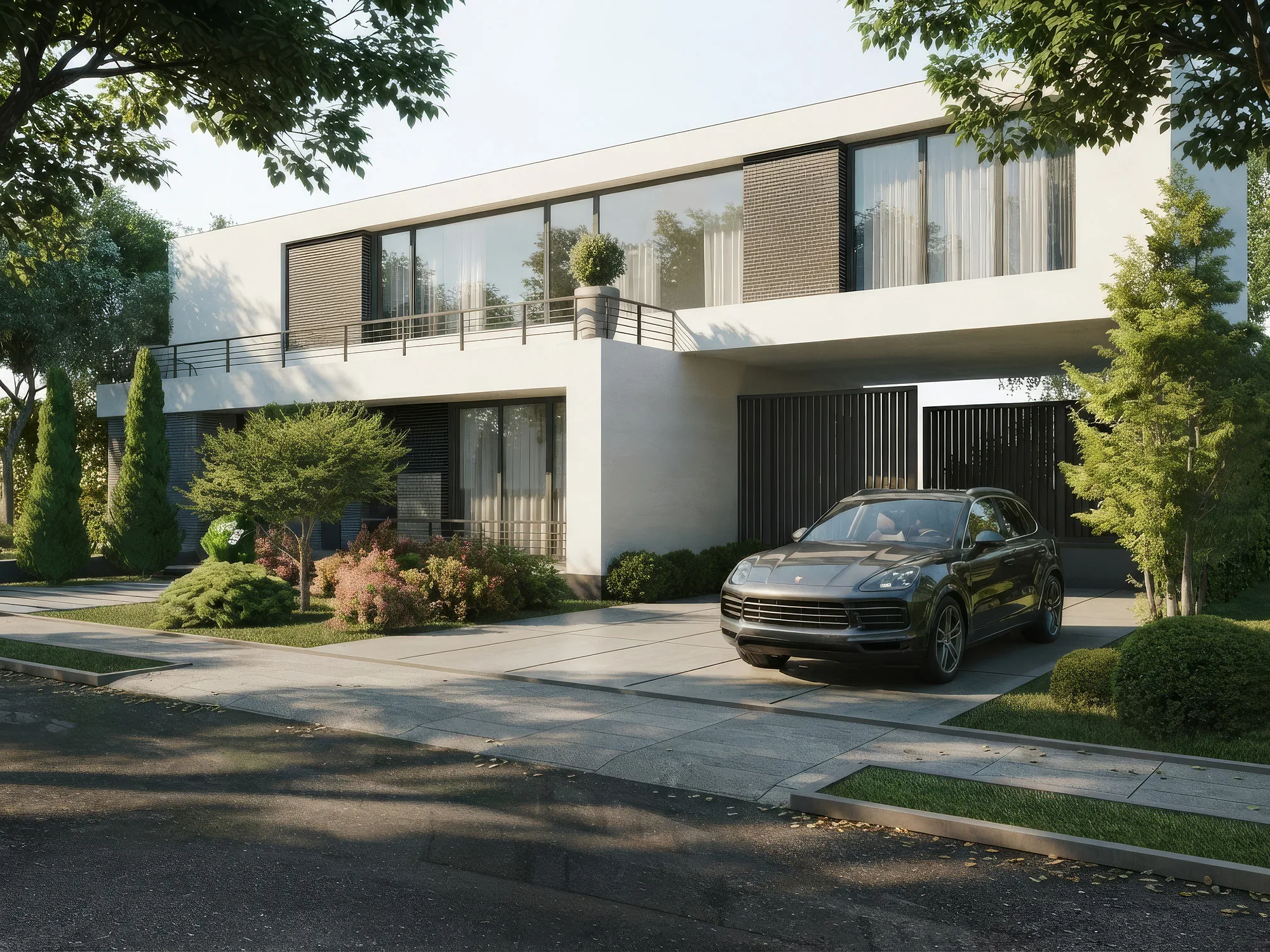 Rendering of House 7 from the street: the driveway to the plot