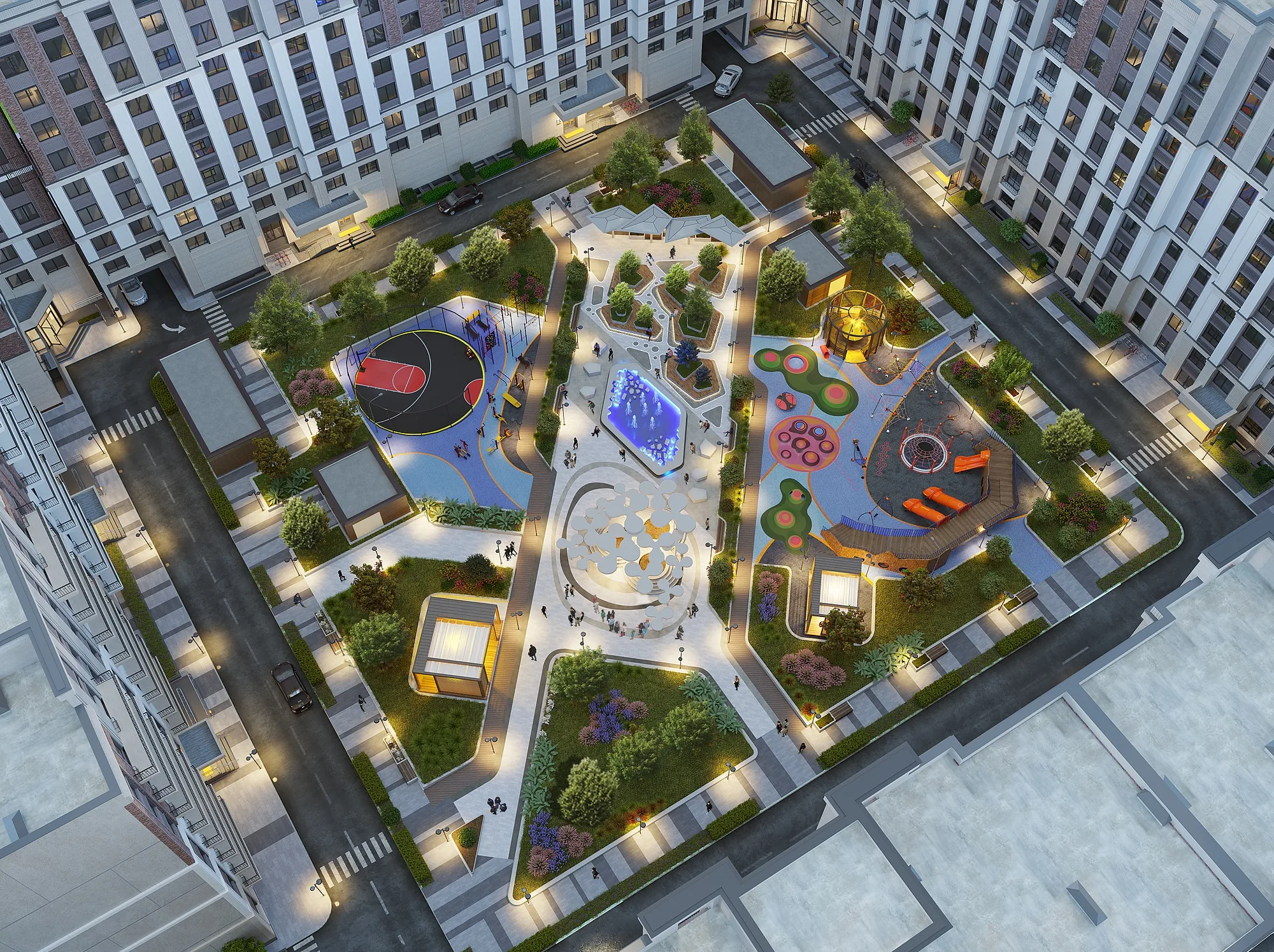 The Koh Ota courtyard from above in the evening: the playground, paths and planting