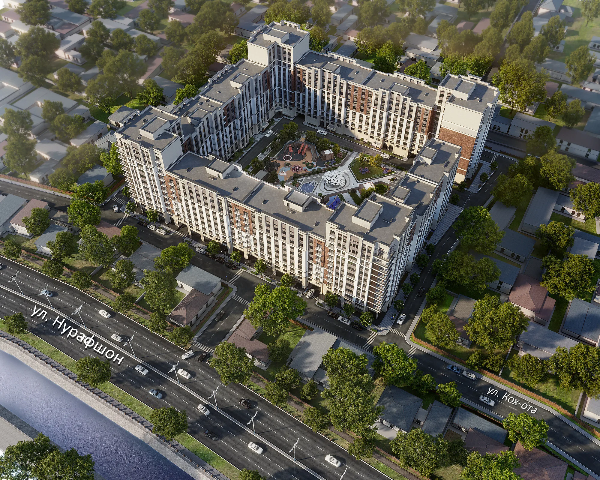 The whole Koh Ota complex from above, along the canal in Tashkent