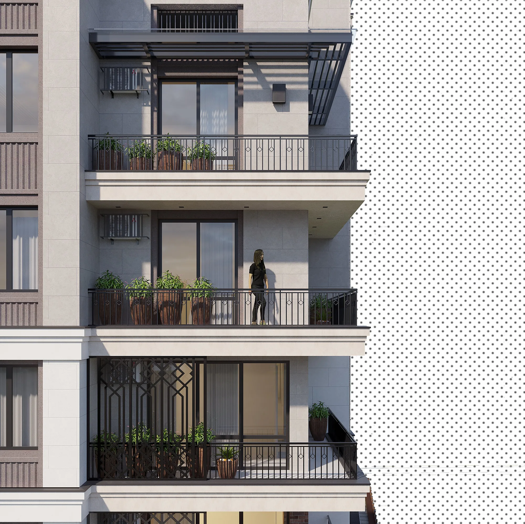 A facade detail of the corner building at Koh Ota: balconies and perforated screens