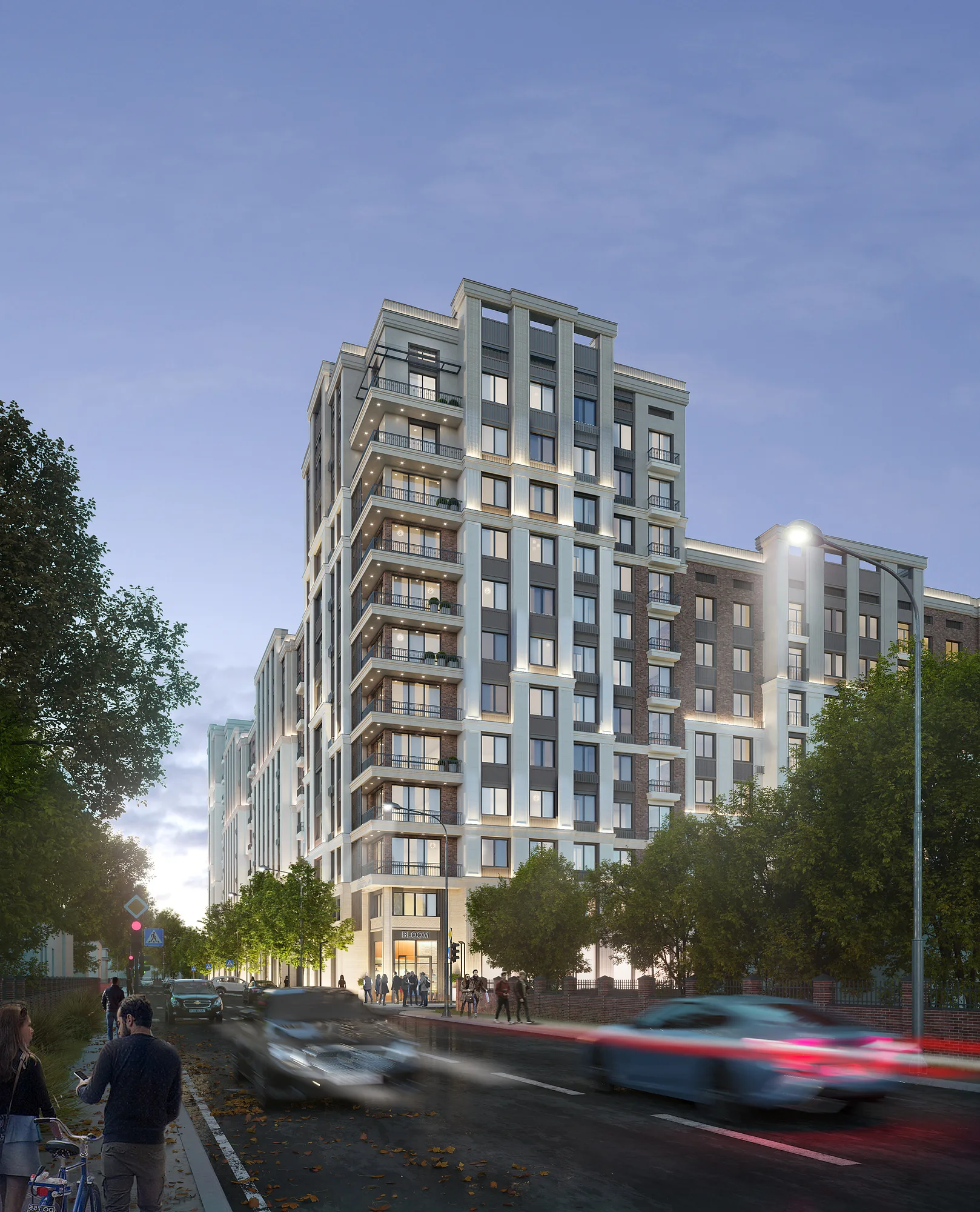 Koh-Ota residential complex from the street: the corner tower and a tree-lined boulevard