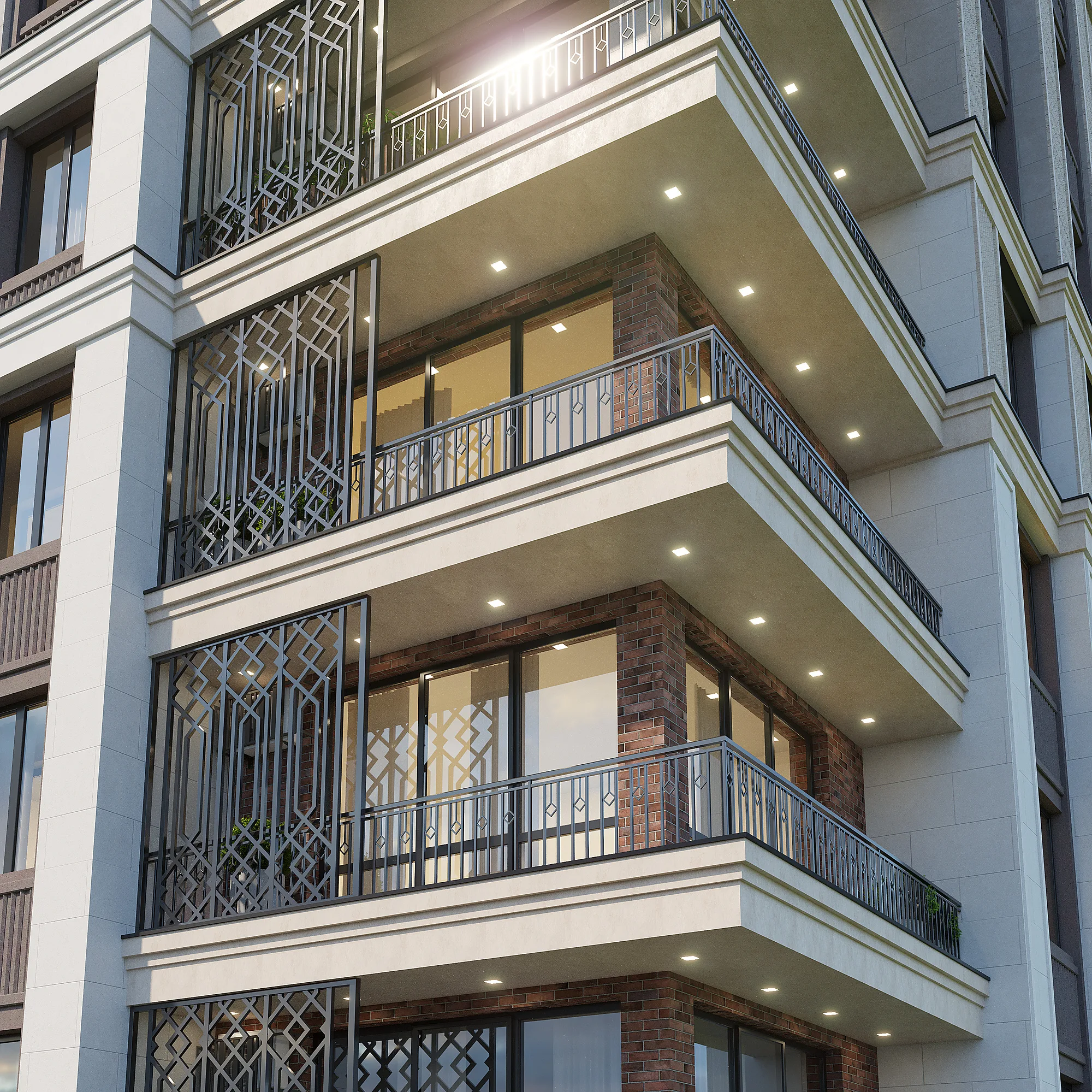 Koh-Ota balconies in close-up: wrought railings, lit loggia ceilings and a brick inlay