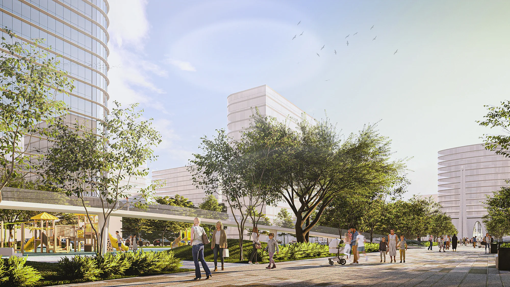A pedestrian boulevard in the 80-hectare district of New Tashkent — a masterplan by SAD