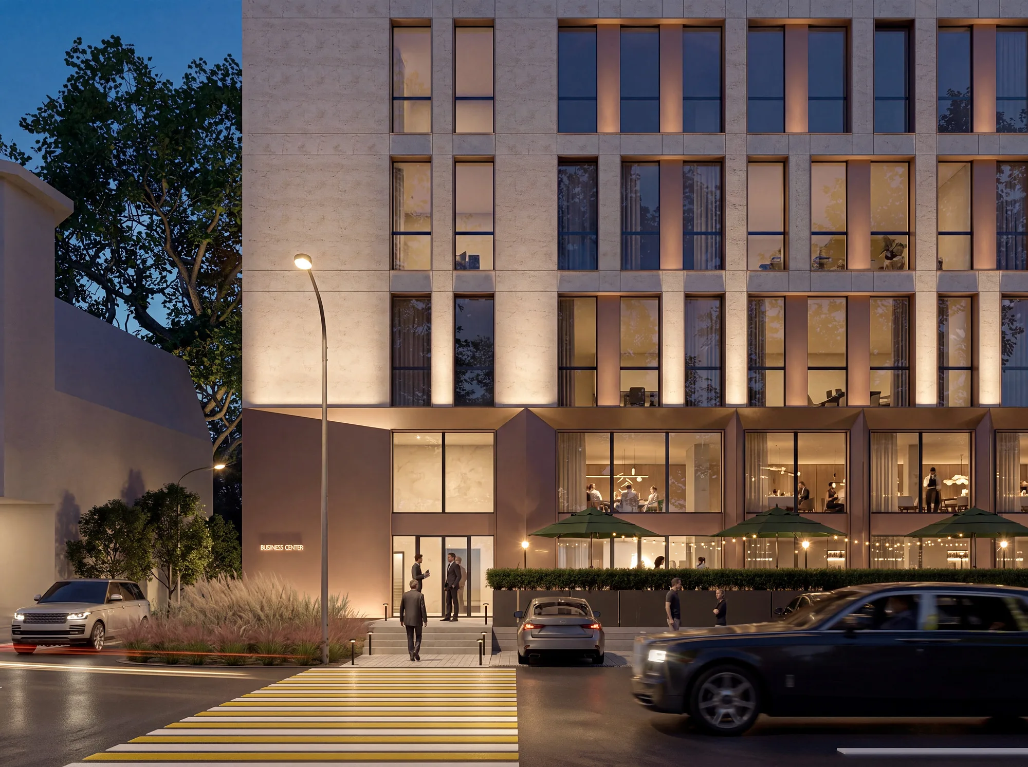 Labzak business centre render: entrance in the evening — SAD studio