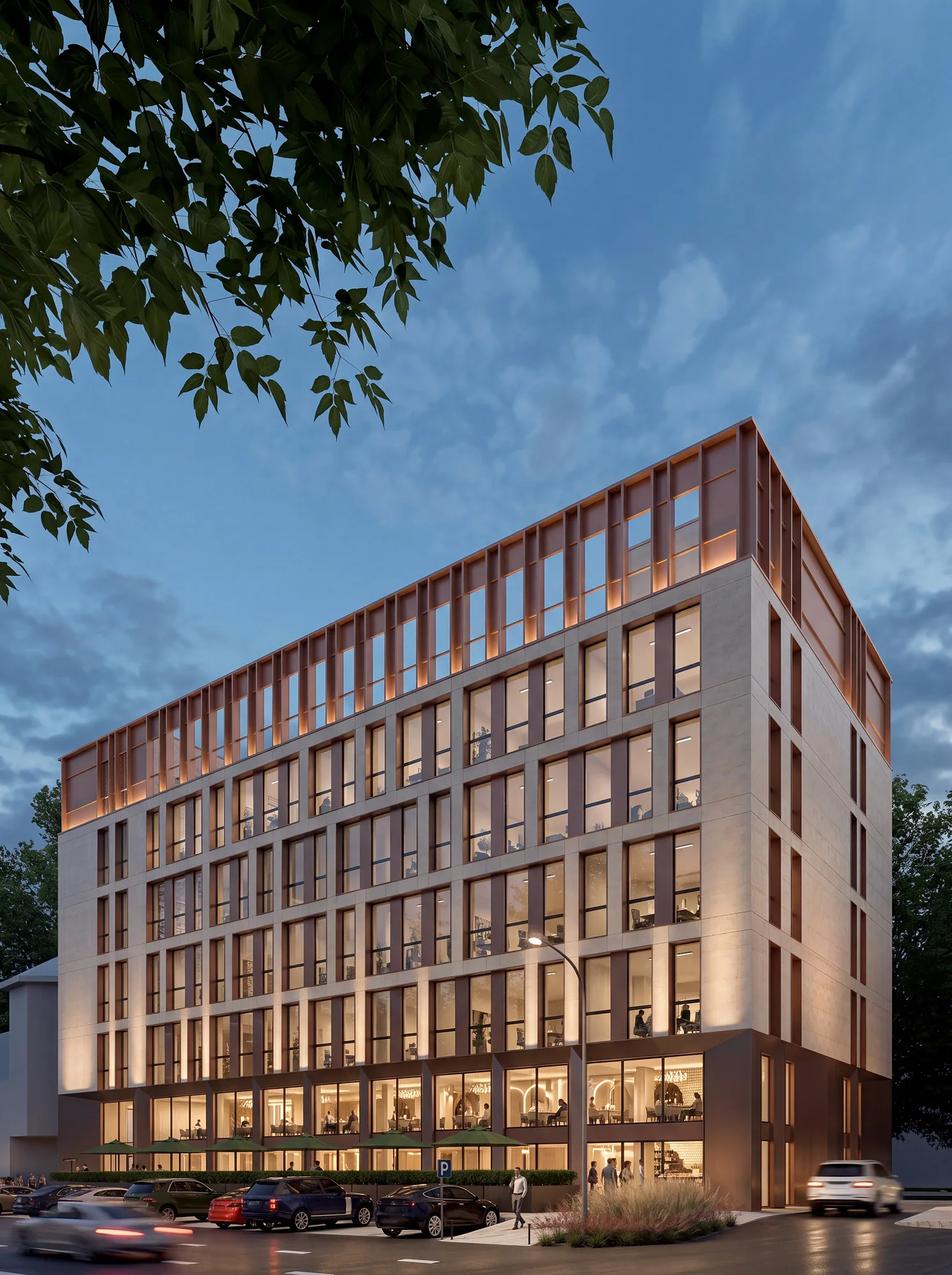 Labzak business centre render: facade in the evening — SAD studio
