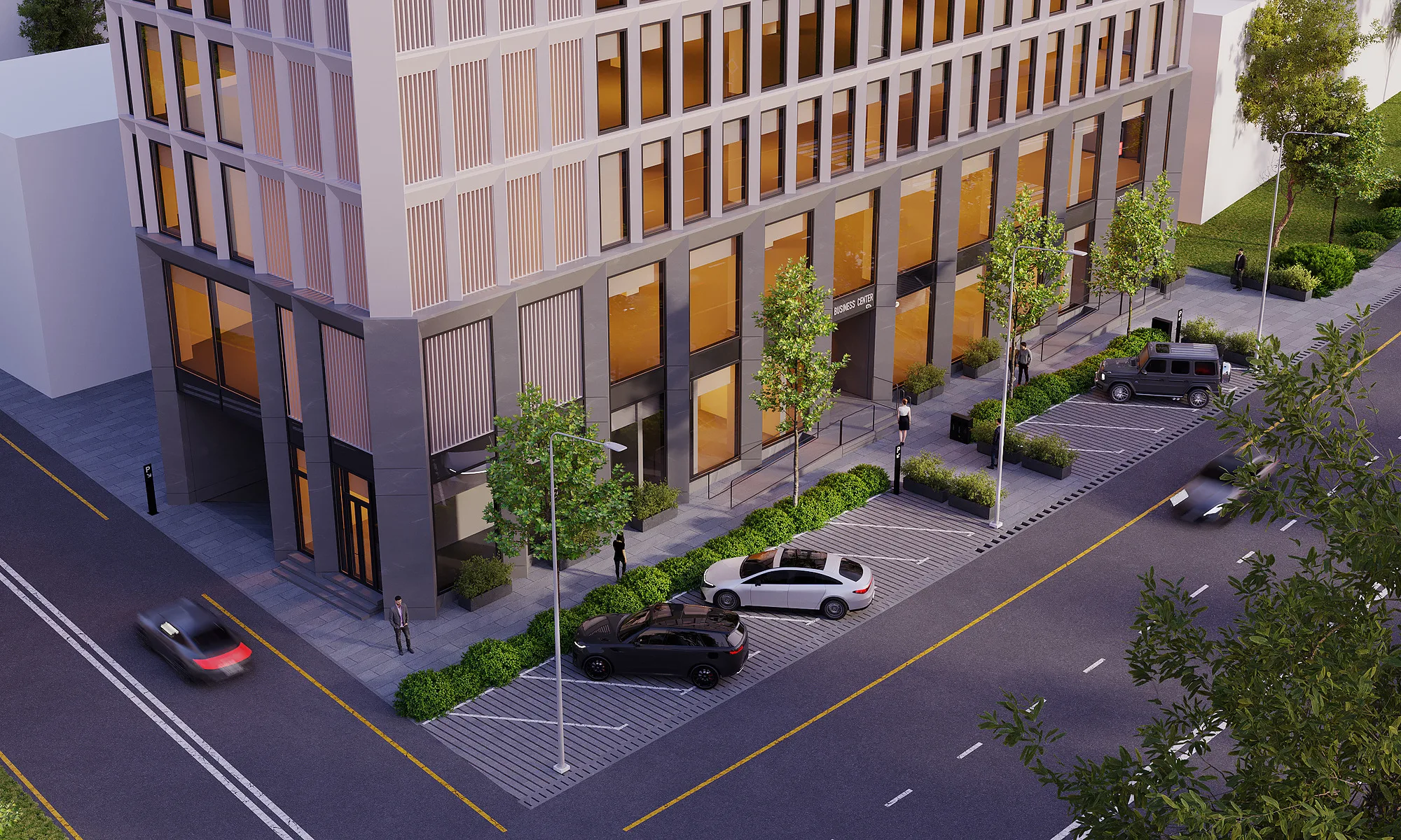 Labzak business centre render: building corner and parking — SAD studio