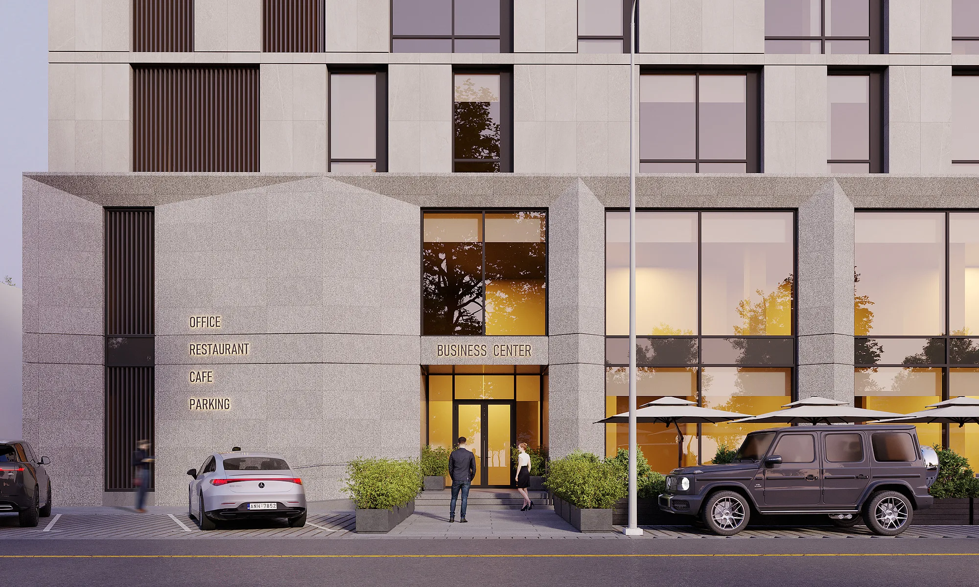 Labzak business centre render: entrance in the chequered option — SAD studio
