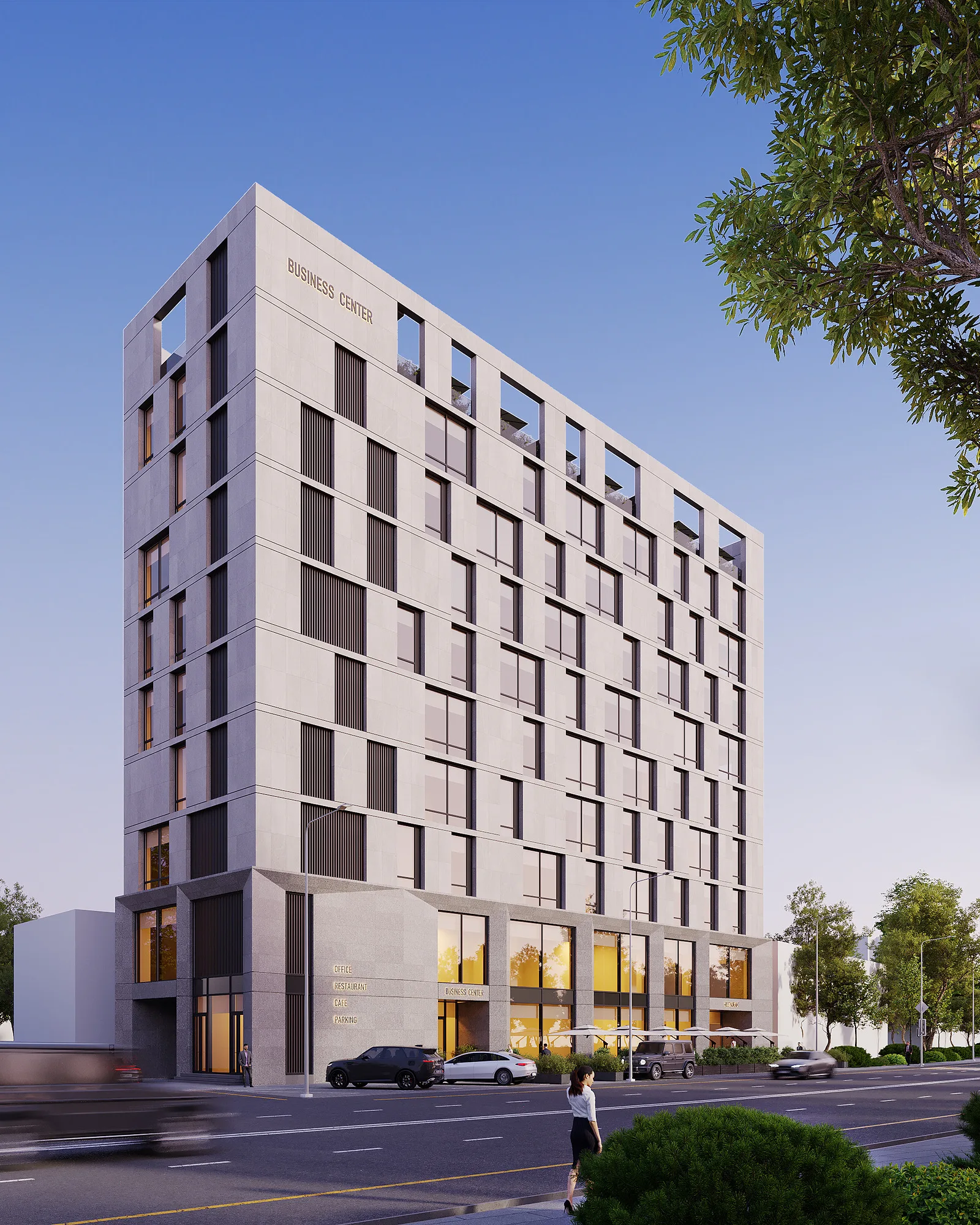 Labzak business centre render: chequered option from the street — SAD studio