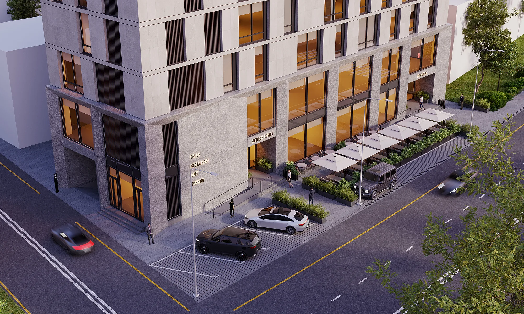 Labzak business centre render: café terrace along the facade — SAD studio