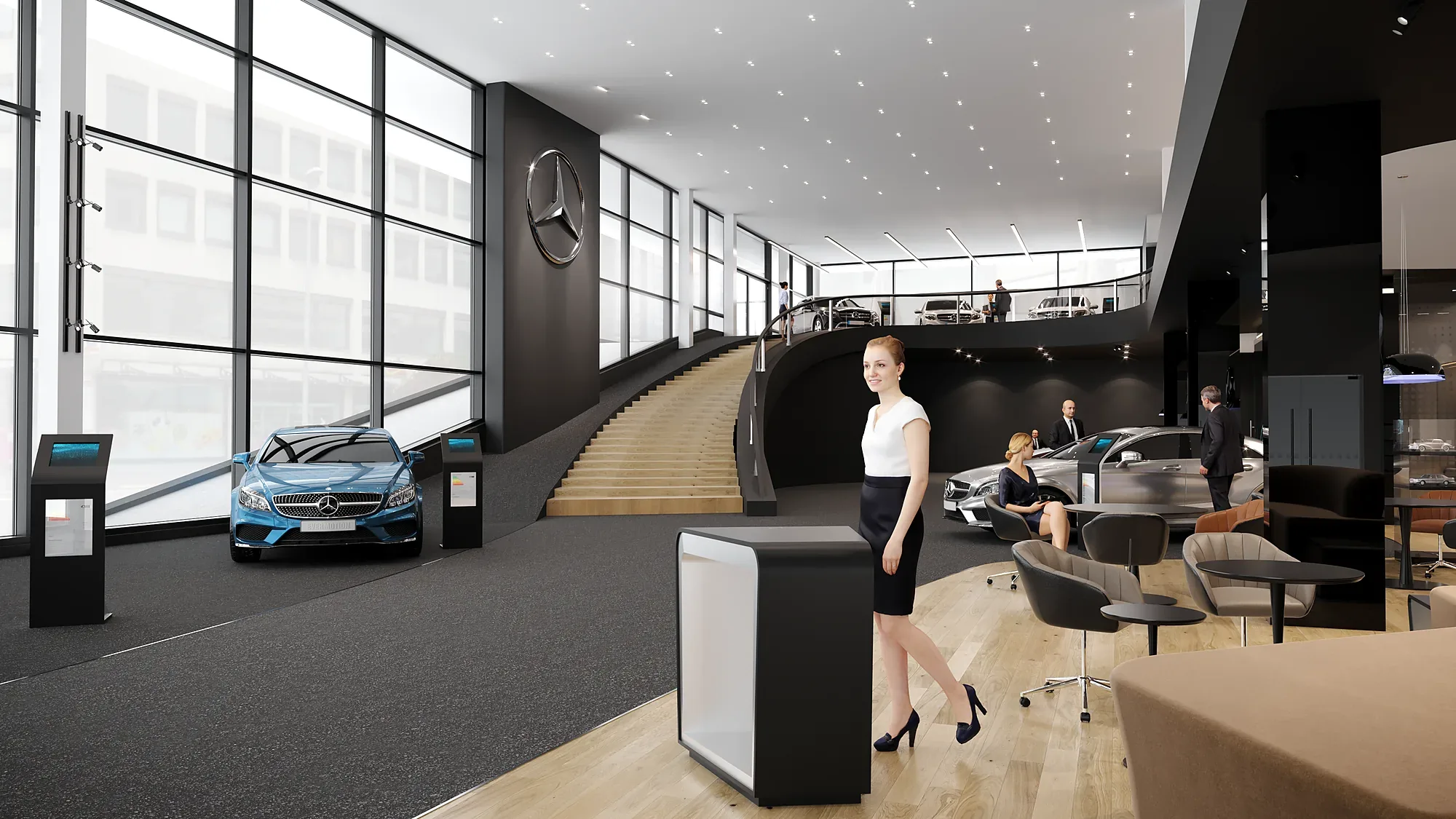 The Mercedes-Benz showroom: the ramp along the panoramic glazing