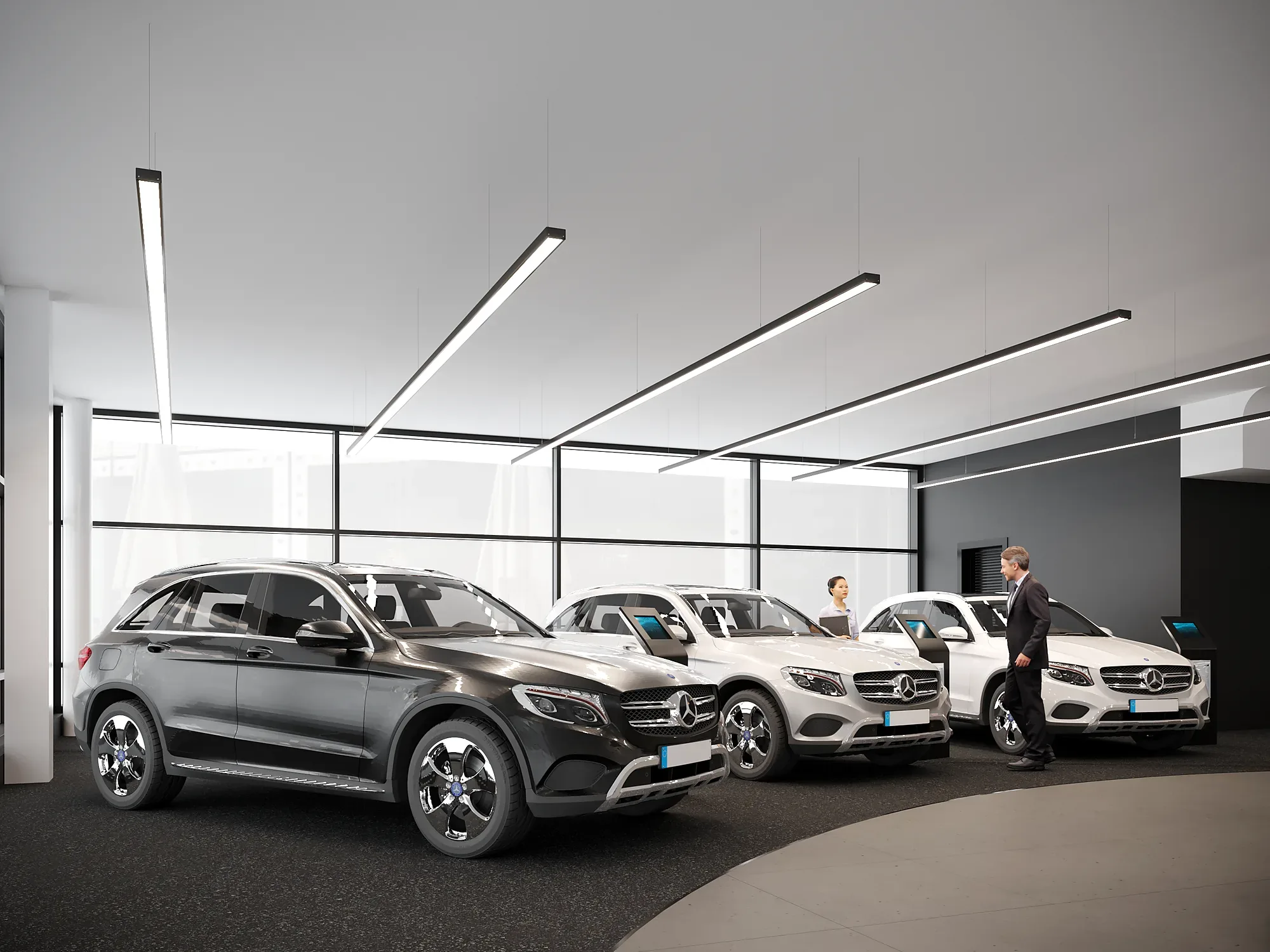 The car display under the linear lighting
