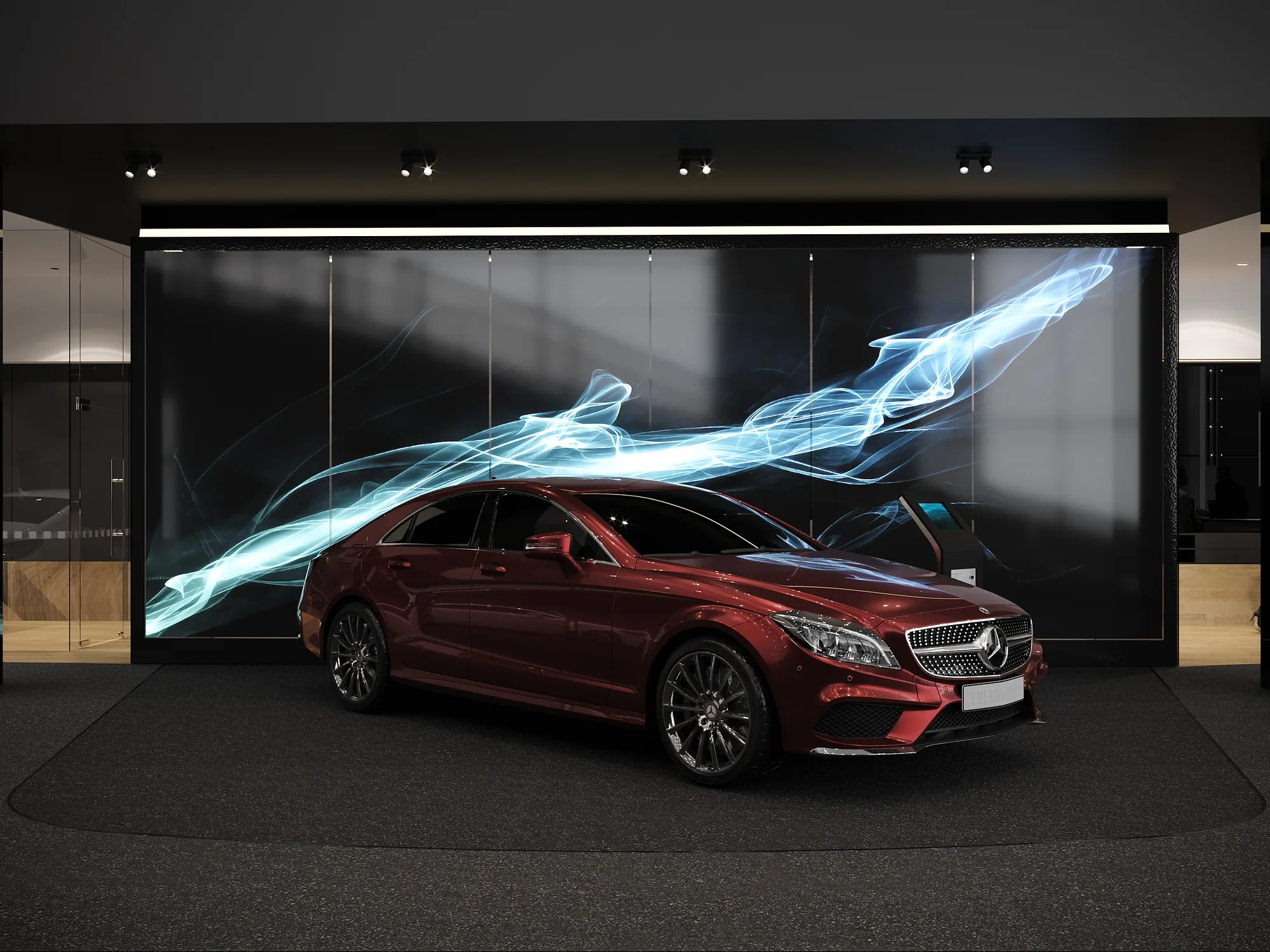 The window display with a single car and its light graphic