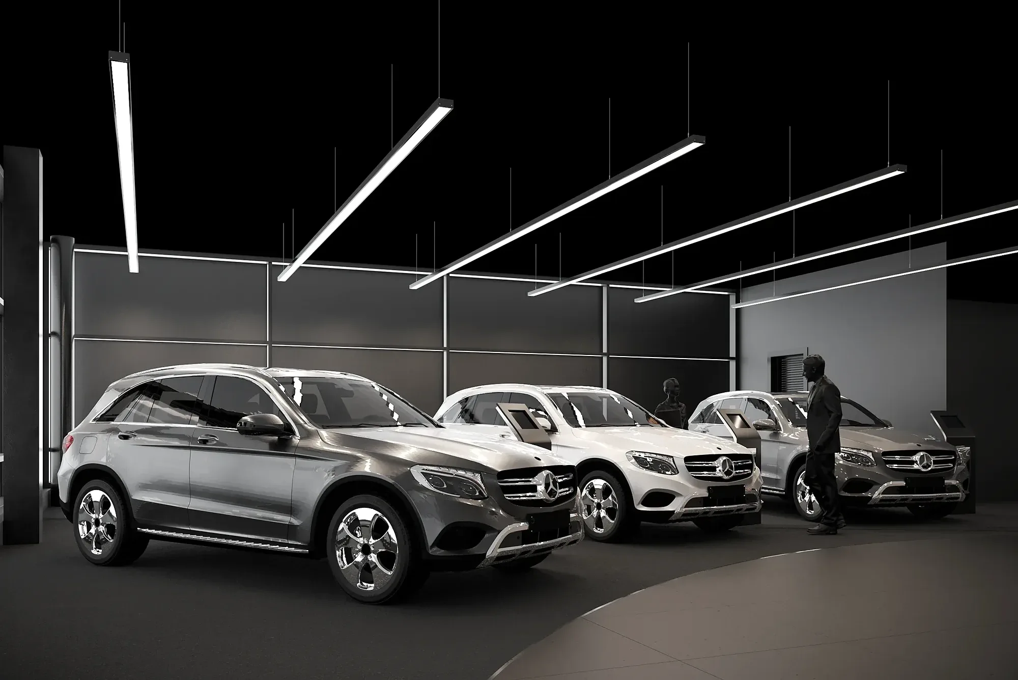 The Mercedes-Benz dealership showroom: cars under linear lighting — interior by SAD