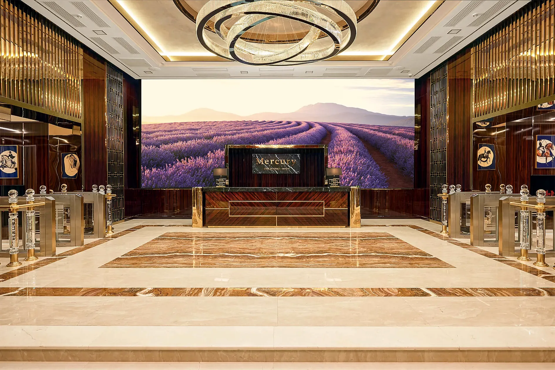 The lobby with its marble floor and mural