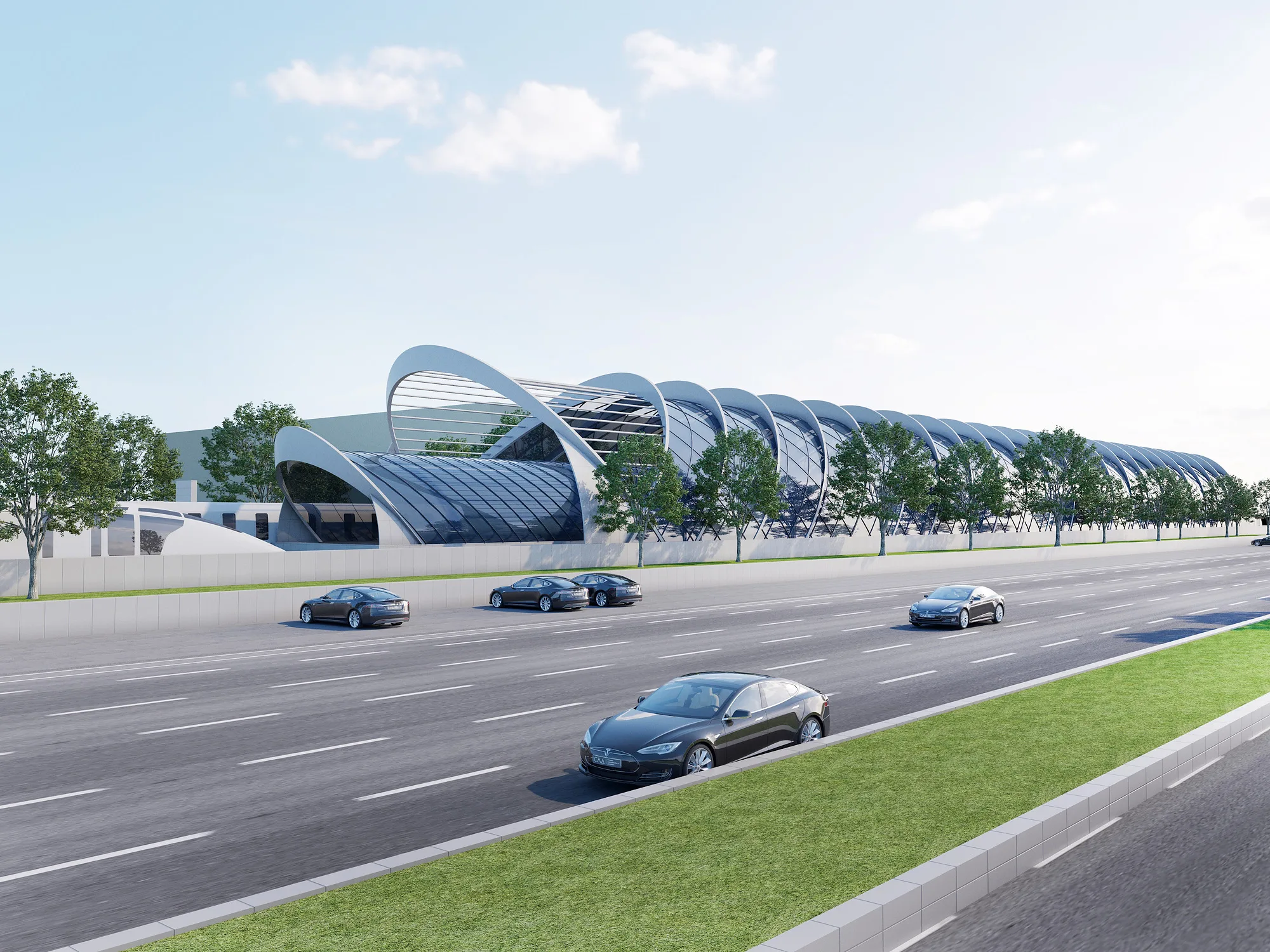 Elevated metro station in Tashkent from the avenue: the long translucent vault of the platform — SAD studio
