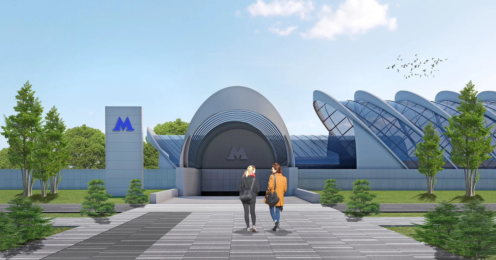 Entrance to the elevated metro station in Tashkent: the arched portal, pylons with the metro letter and pedestrians approaching — SAD studio