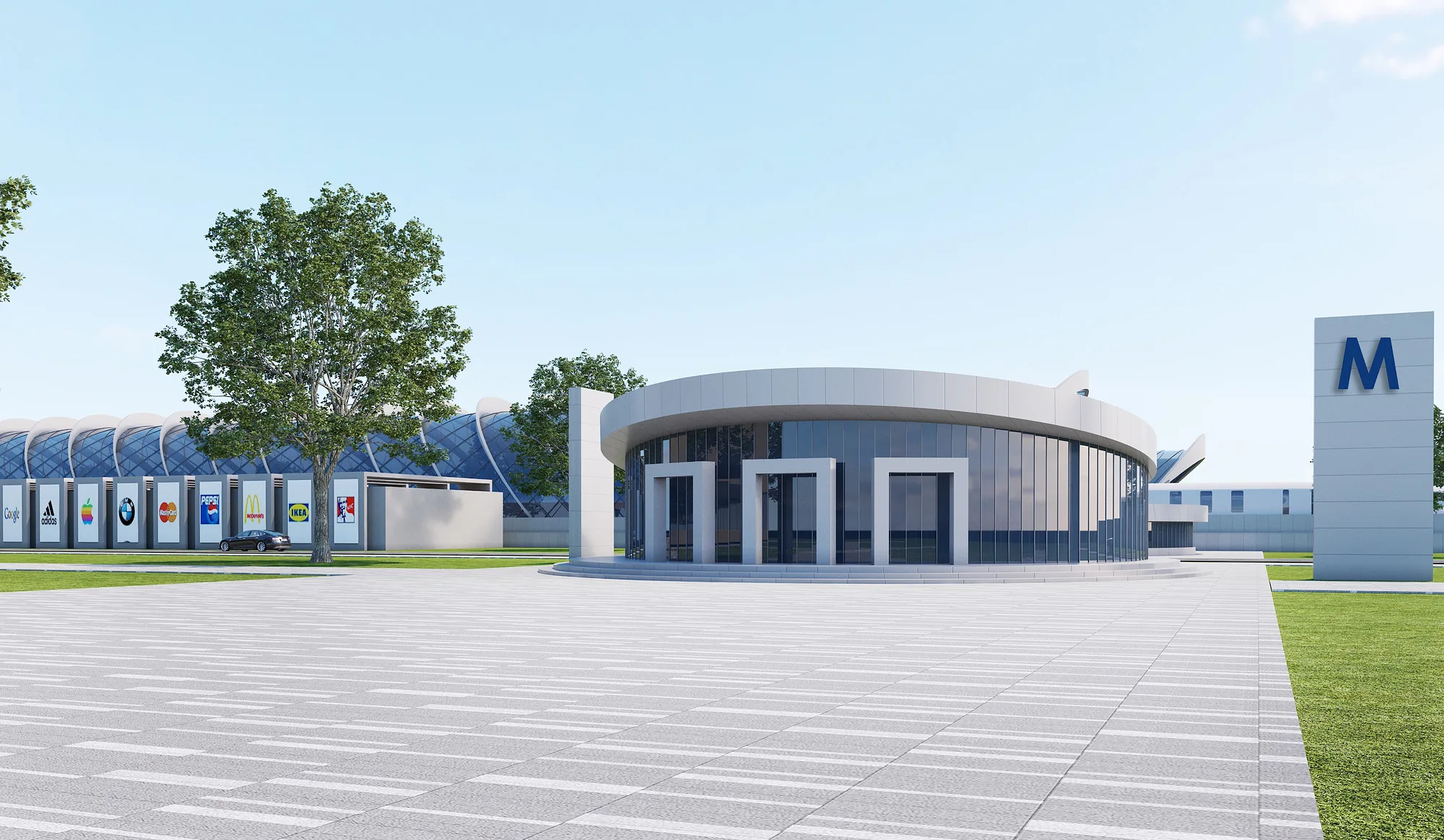 Round vestibule of the elevated metro station in Tashkent: the glazed volume, the paved forecourt and the pylon — SAD studio