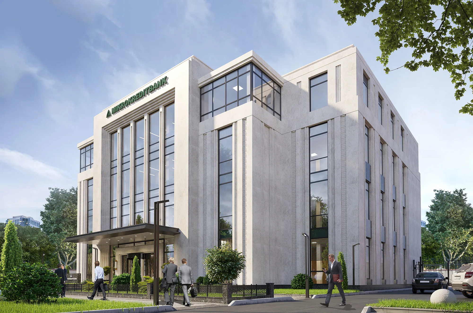 Mikrokreditbank building: the three-storey volume in light stone cladding with vertical piers and trees by the entrance — SAD studio