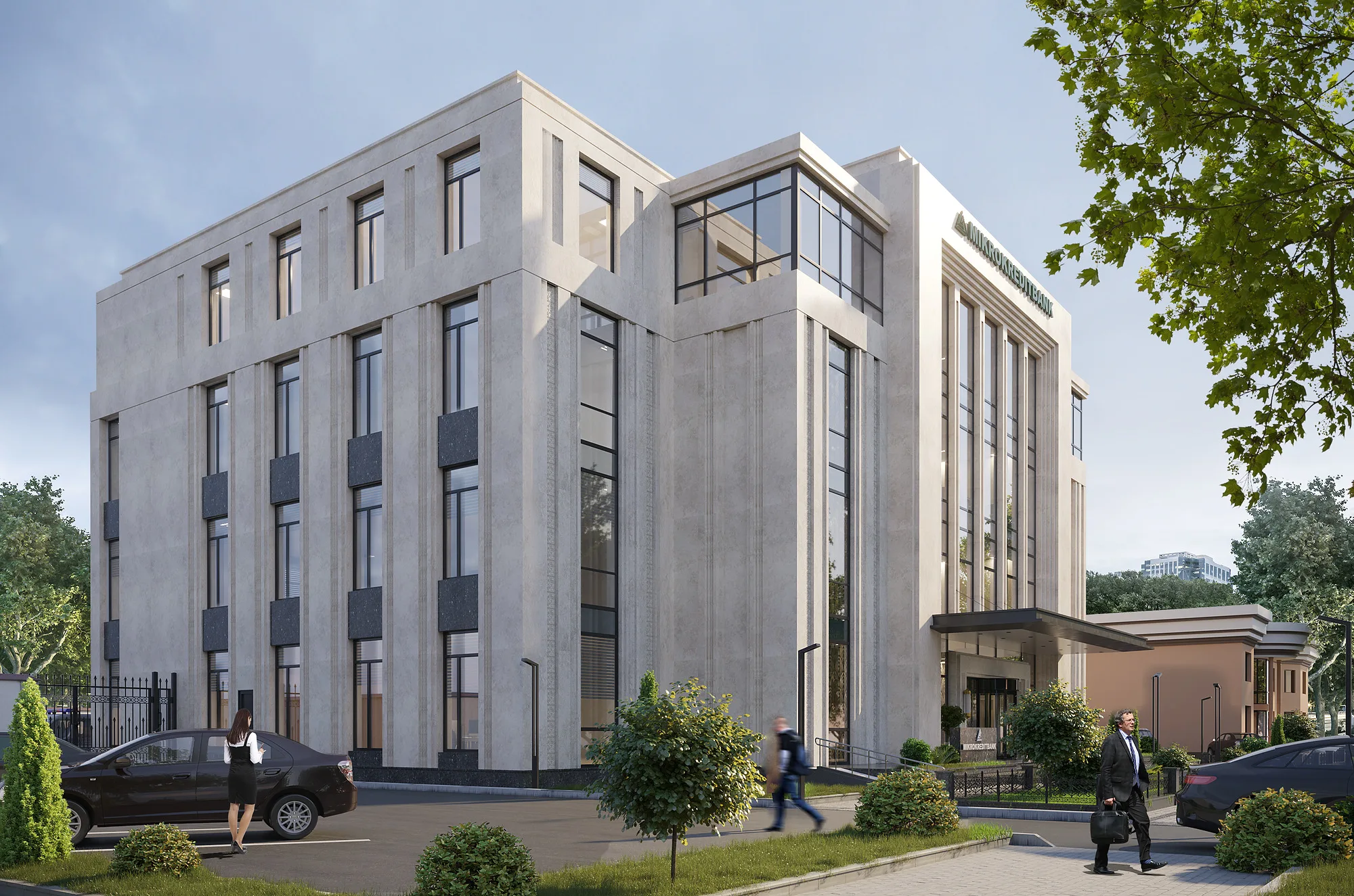 Mikrokreditbank from the corner: solid stone combined with glazed volumes, the drive and parking — SAD studio