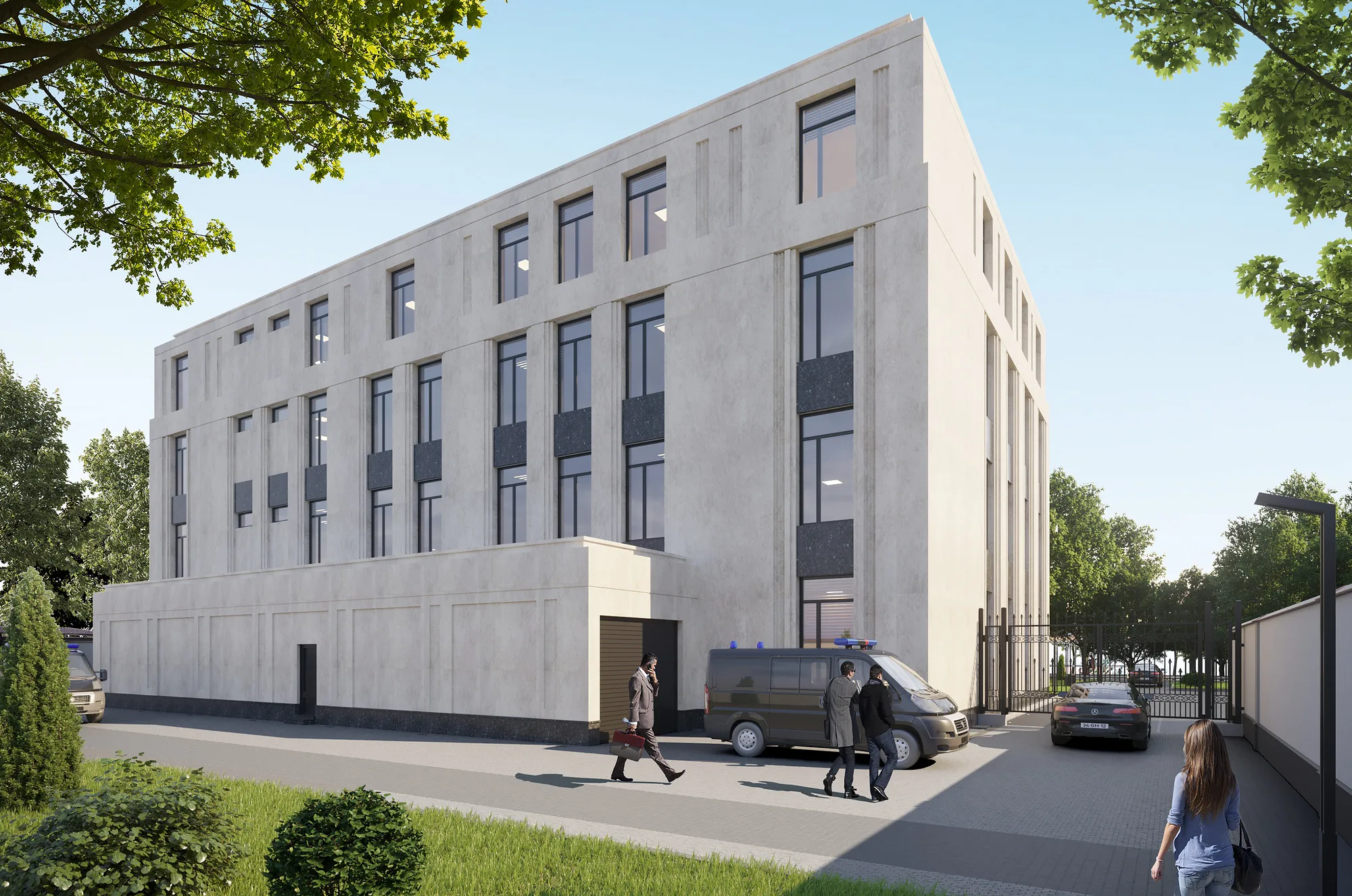 Side elevation of Mikrokreditbank: the rhythm of narrow windows in the stone wall and the service entrance — SAD studio