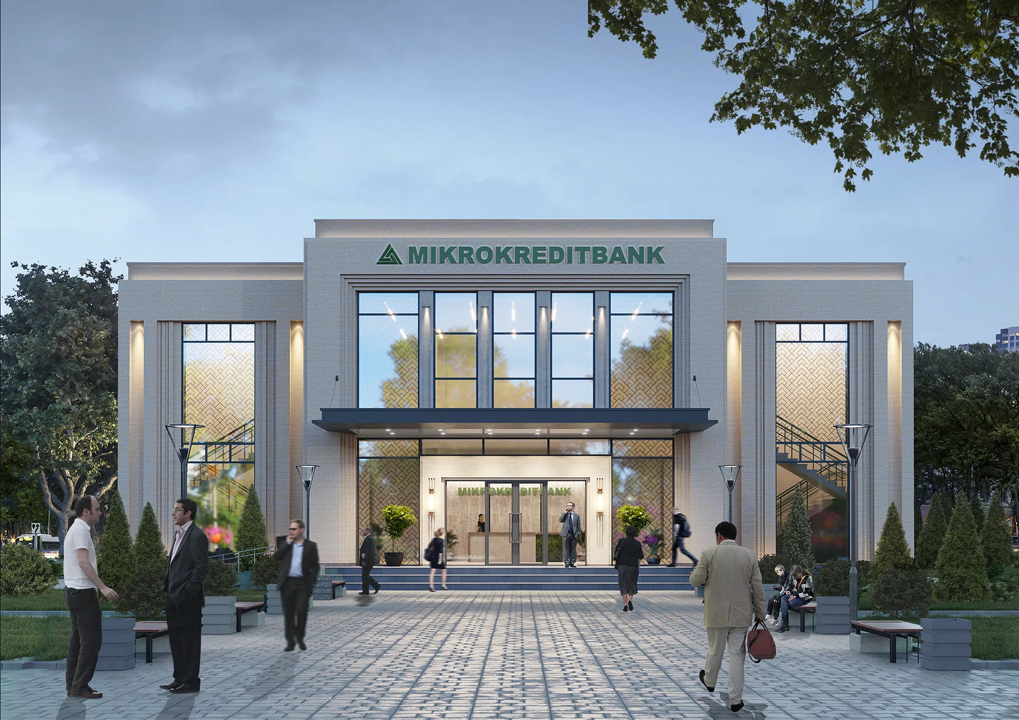 A Mikrokreditbank branch in the classical variant: the two-storey facade with entrance columns and the forecourt — SAD studio