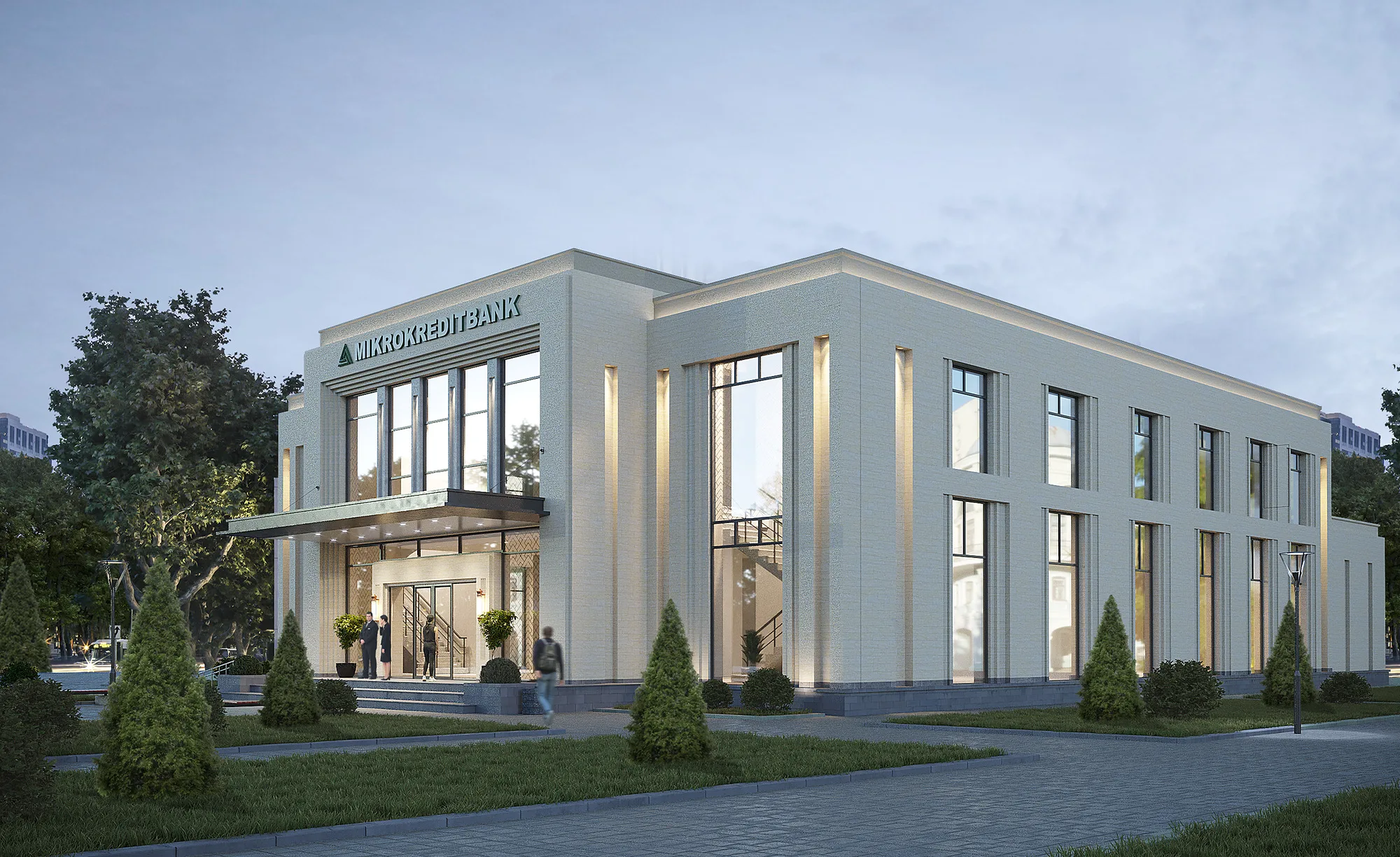 The classical Mikrokreditbank branch from the side: the long facade in light stone and clipped greenery along the base — SAD studio