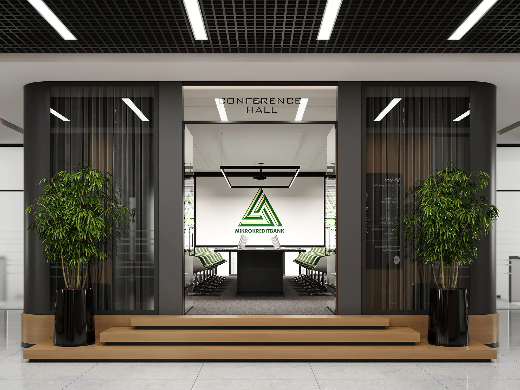 Portal of the Mikrokreditbank conference hall: the lit Conference Hall sign and the room behind glass — SAD studio